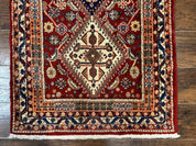 Antique Persian Qashqai Runner Rug 3 x 13 ft, Tribal Runner, Geometric Medallions, Red Ivory Blue, Wool