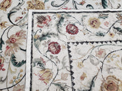 New Needlepoint Rug 9x12, Hand Woven Wool Area Rug, Flatweave Carpet, Handmade Chinese Needlepoint, Floral European Design, Ivory Background