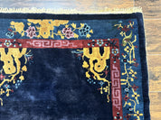 Antique Chinese Peking Rug 3x6, Dark Blue, Bird Motif, Handmade Wool Art Deco Asian Oriental Carpet, Pair B