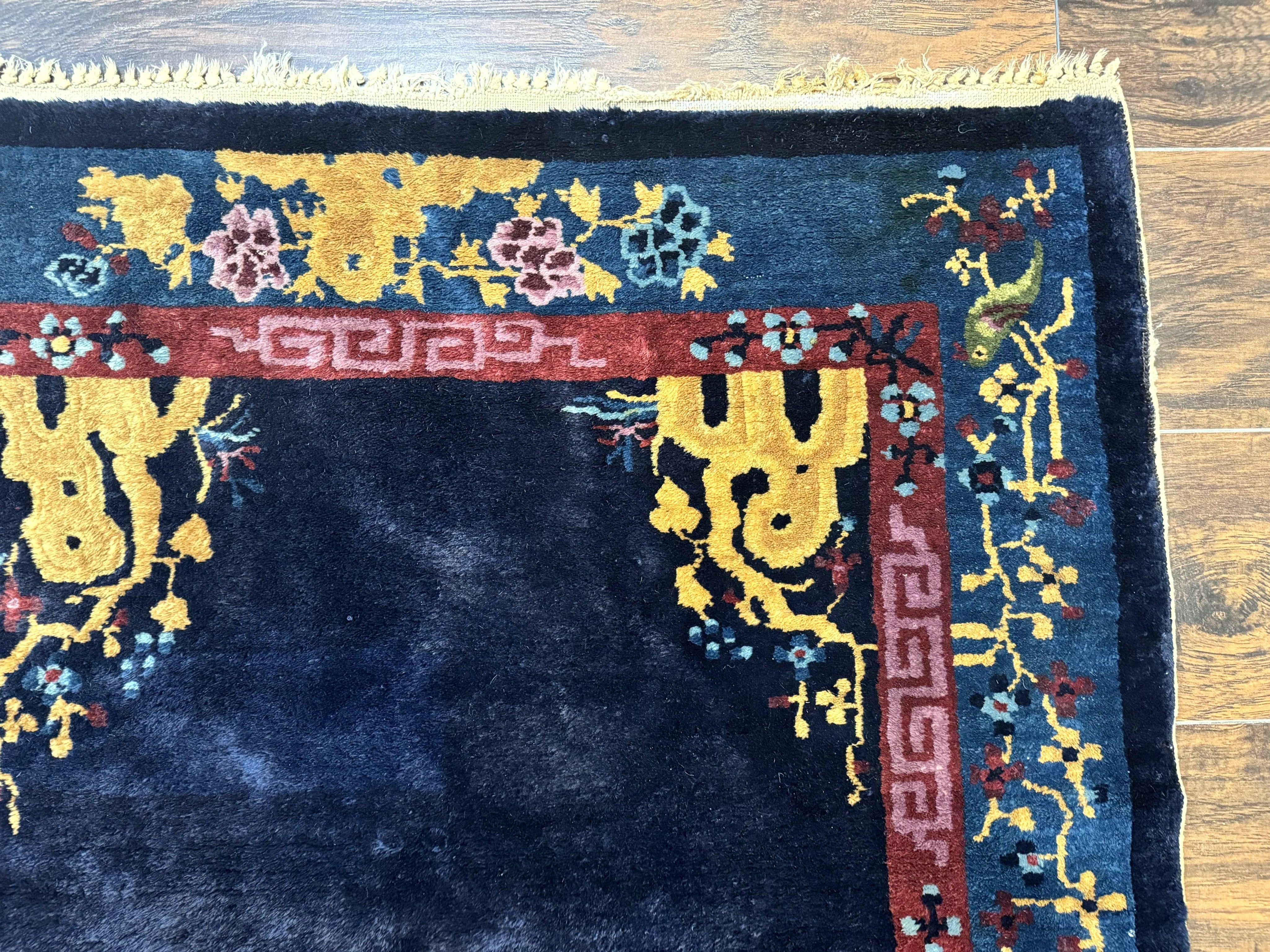 Antique Chinese Peking Rug 3x6, Dark Blue, Bird Motif, Handmade Wool Art Deco Asian Oriental Carpet, Pair B