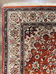 Persian Qum Silk Rug 5x7 - Floral Medallion, Birds, Orange-Red