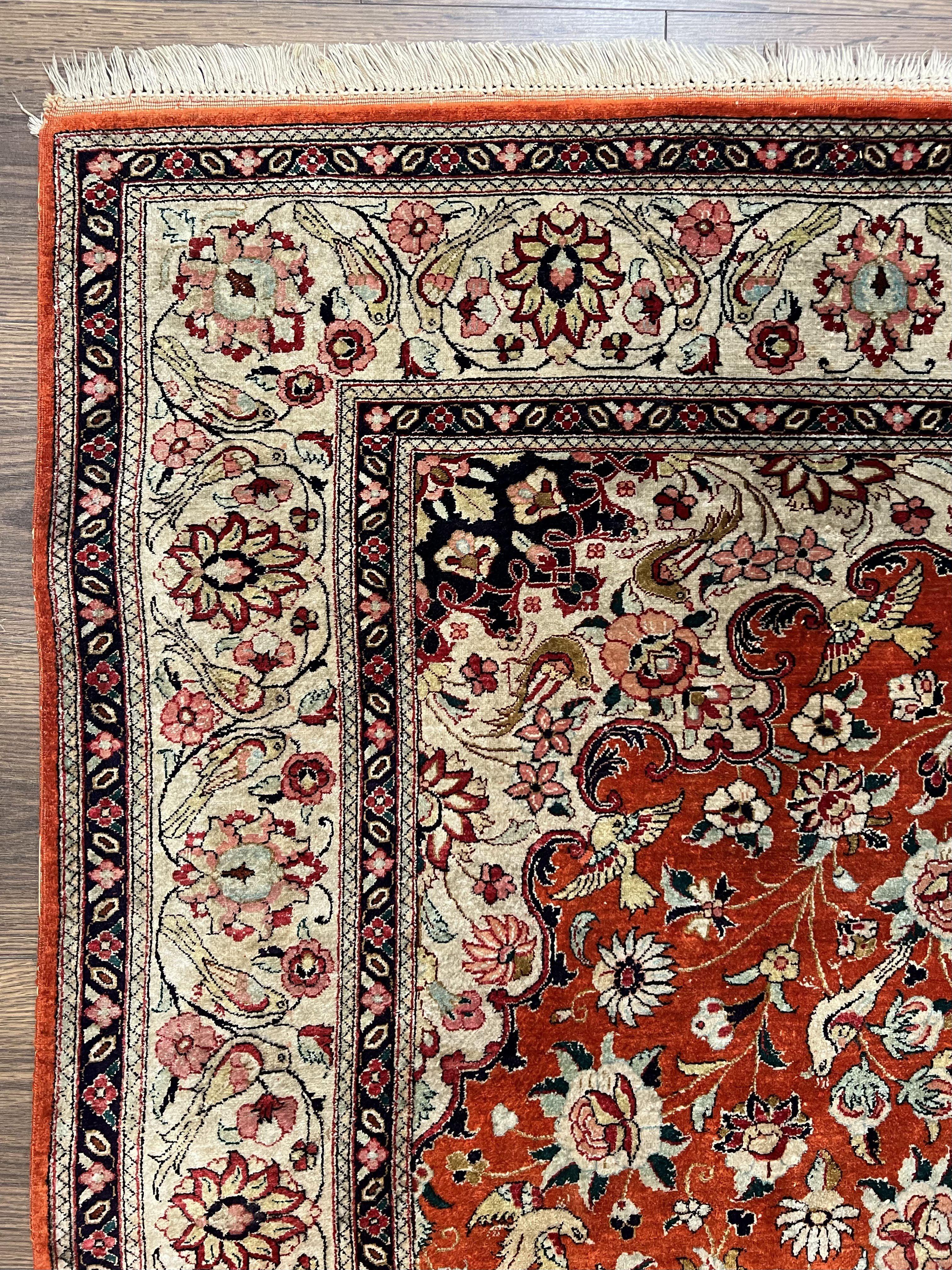 Persian Qum Silk Rug 5x7 - Floral Medallion, Birds, Orange-Red