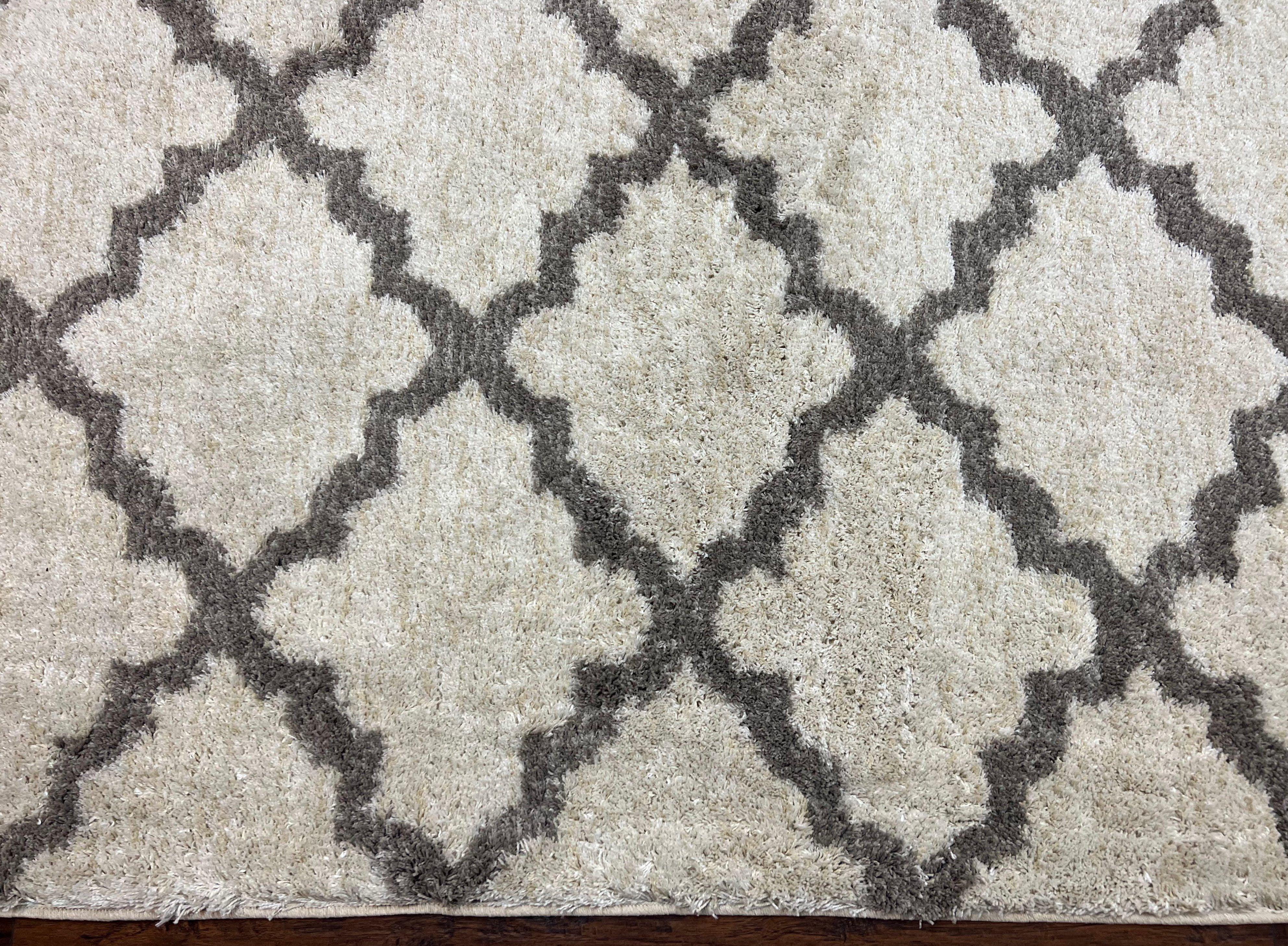 Modern Shag Rug, Ivory and Gray, Diamond Panel Design, Room Sized Area Rug