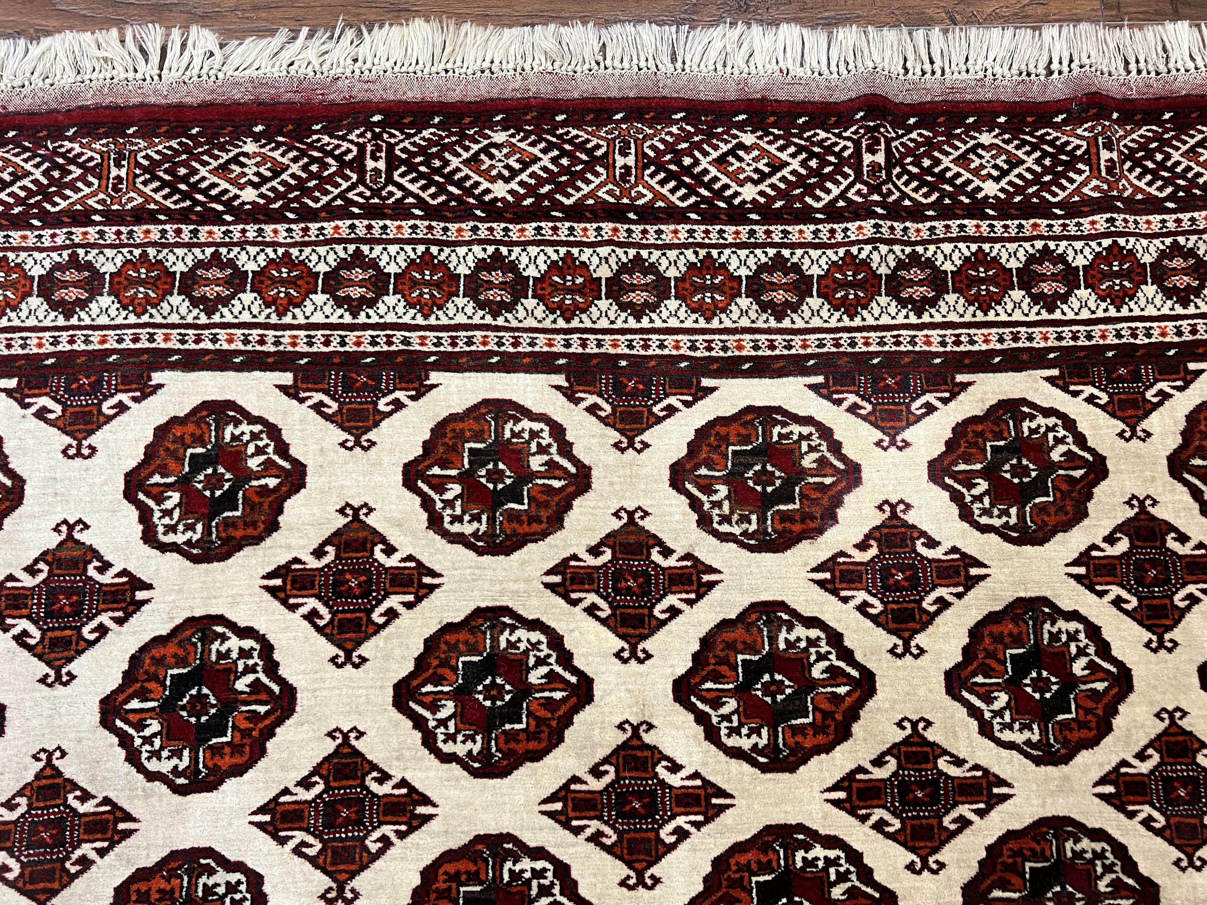 Persian Turkoman Rug 7x8, Almost Square Rare, Hand Knotted, Yamud, Bohemian Rug, Handmade Tribal Rug, Cream Red, Handmade Oriental Carpet