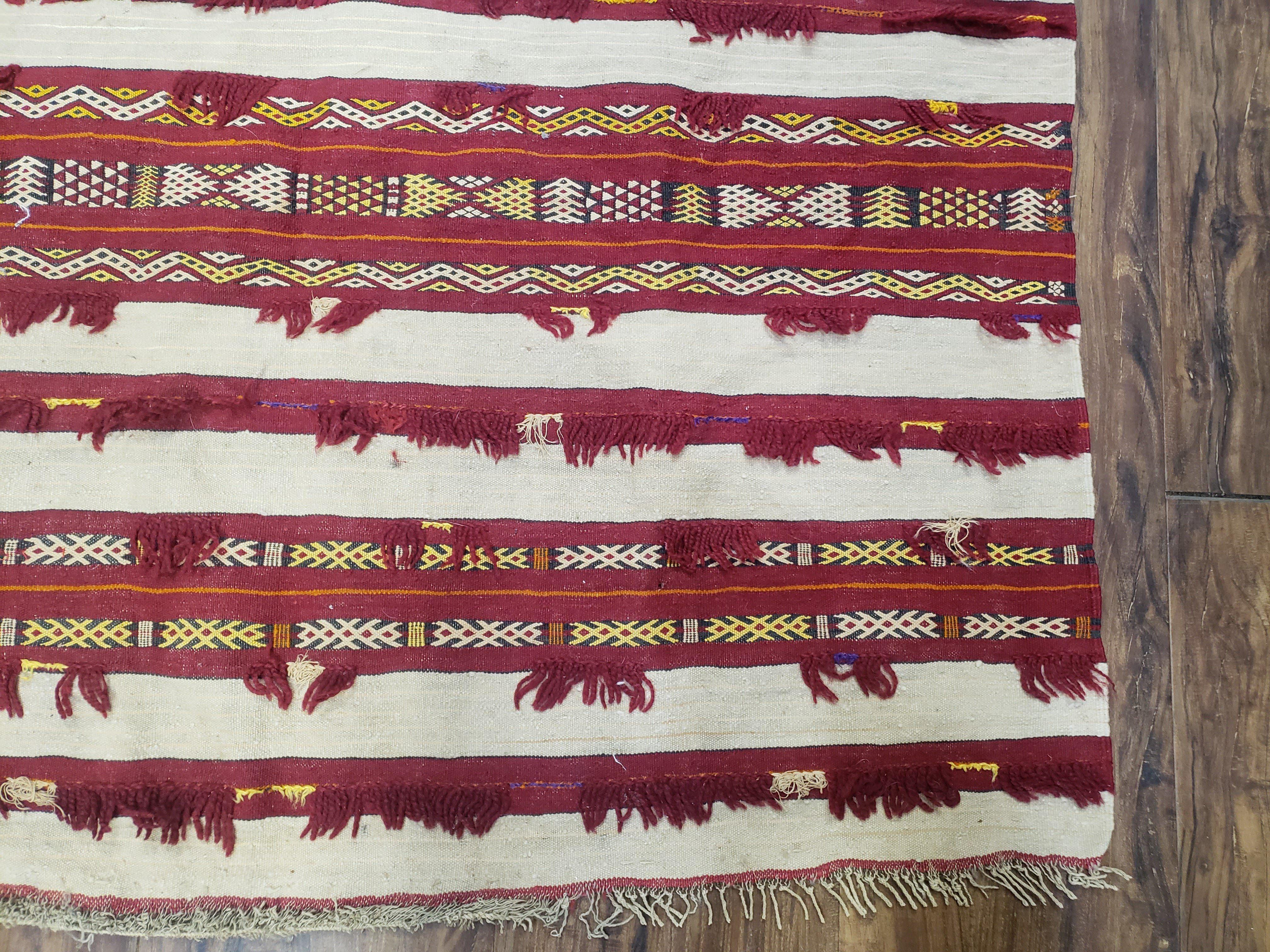 Antique Turkoman Yamud Rug 3x5 ft, 1920s Turkmen Sofreh Table Cover, Bohemian Rug, Tribal Collectible, Striped Rug, Handmade Ivory and Red