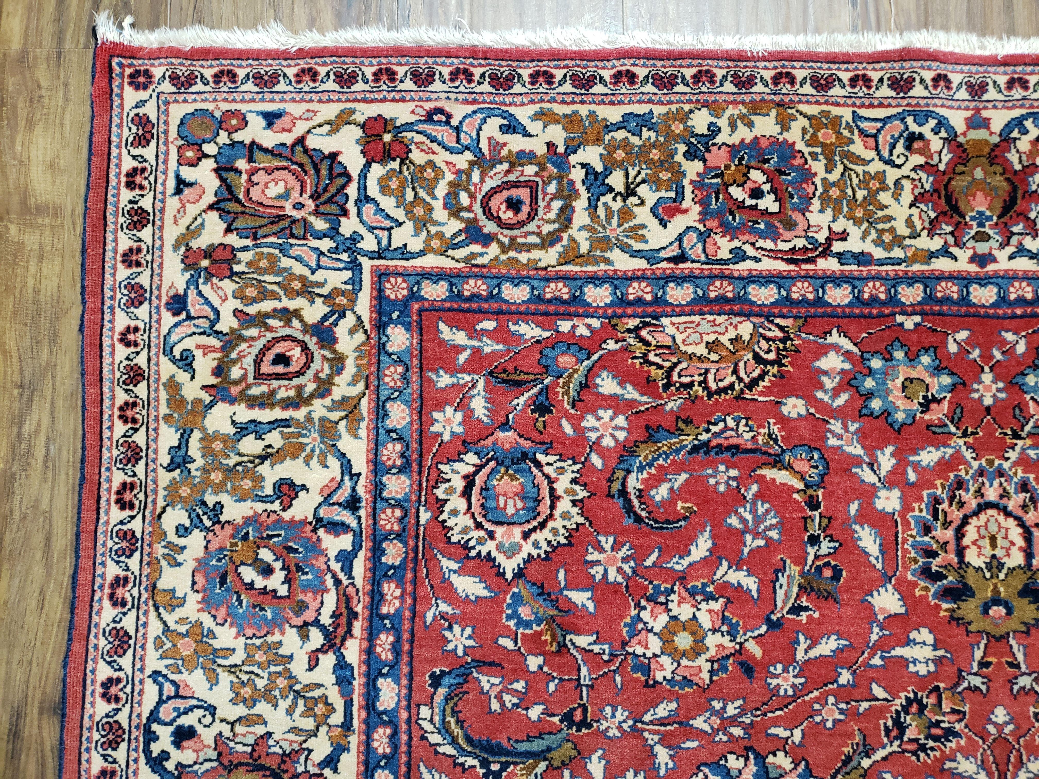 Semi Antique Persian Kashan, Red & Cream, Hand-Knotted, Wool, 4' 8" x 6' 6", Pair A