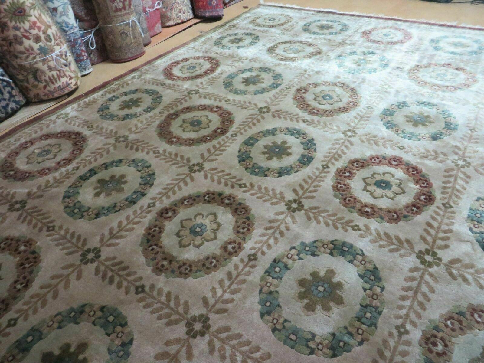 9' X 12' Modern Handmade Indo Lahore Wool Rug Art Deco Olive Ivory Nice Wow