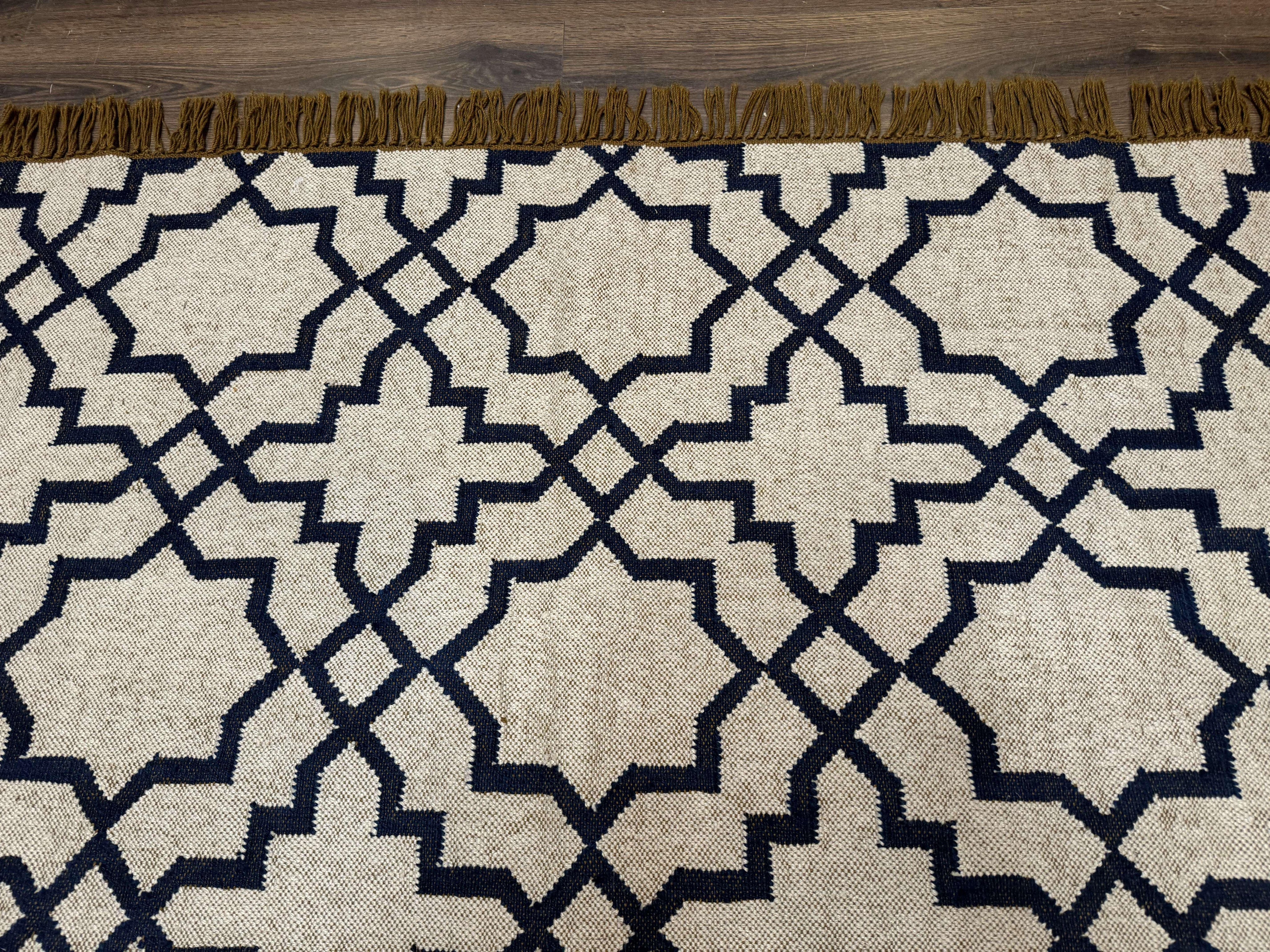 Indian Kilim Rug 8x10, Oat and Navy Blue, Dhurrie Carpet, Handmade, Wool