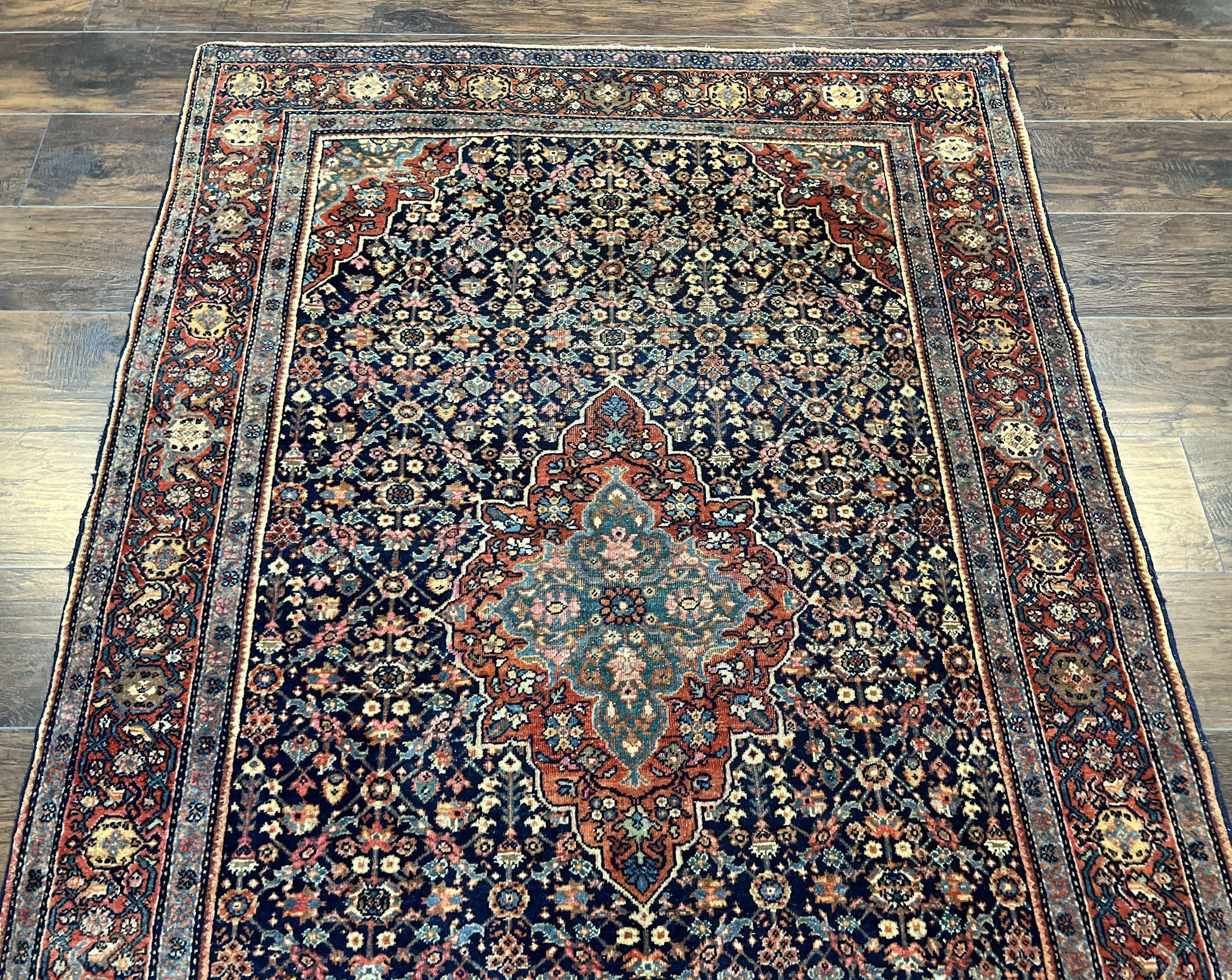 Persian Rug 4x7 Antique Sarouk Farahan Carpet, Navy Blue and Red Wool Rug