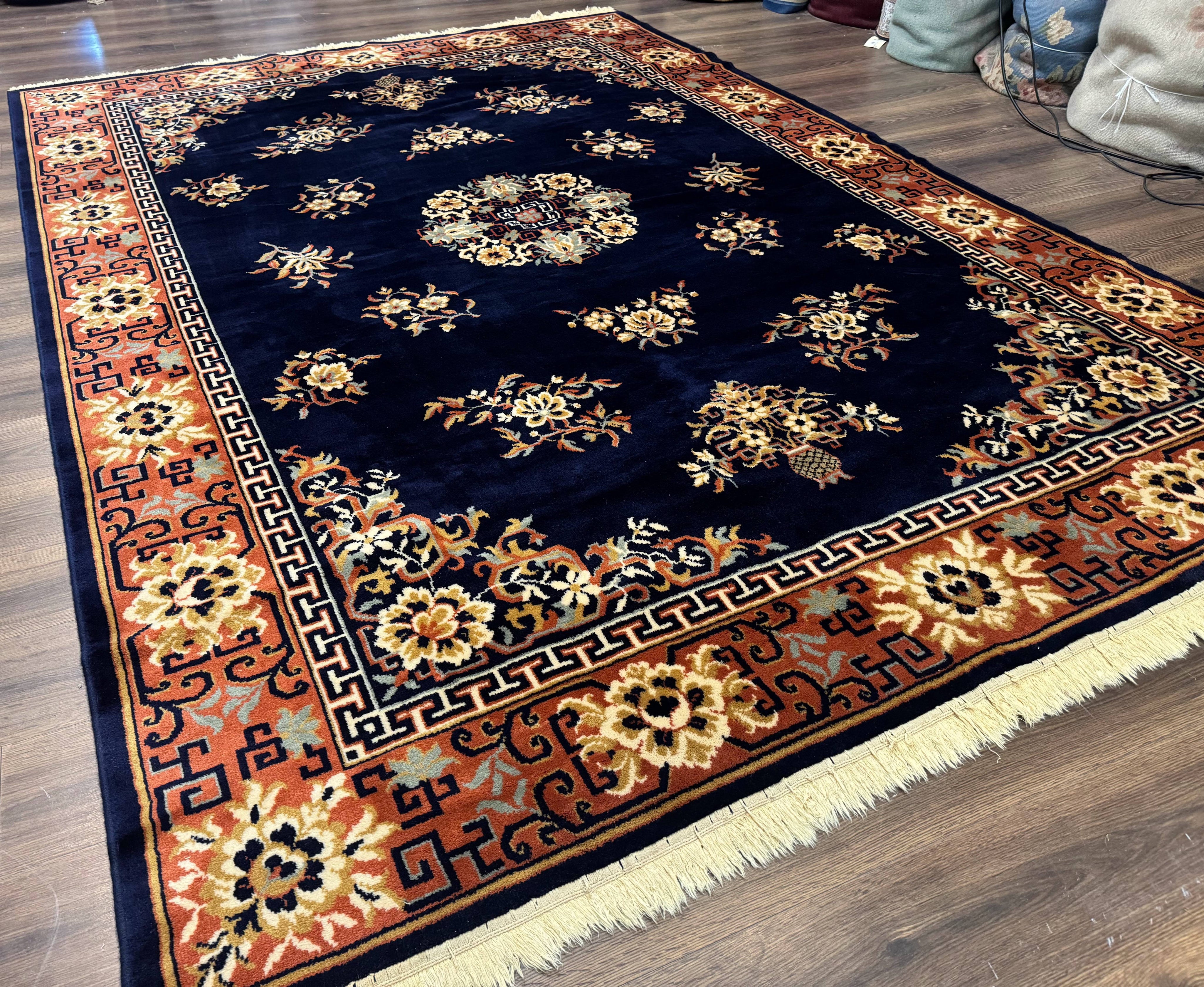 Chinese Wool Rug 8x11, Navy Blue and Terracotta, Floral, Couristan Belgium Power Loomed Carpet