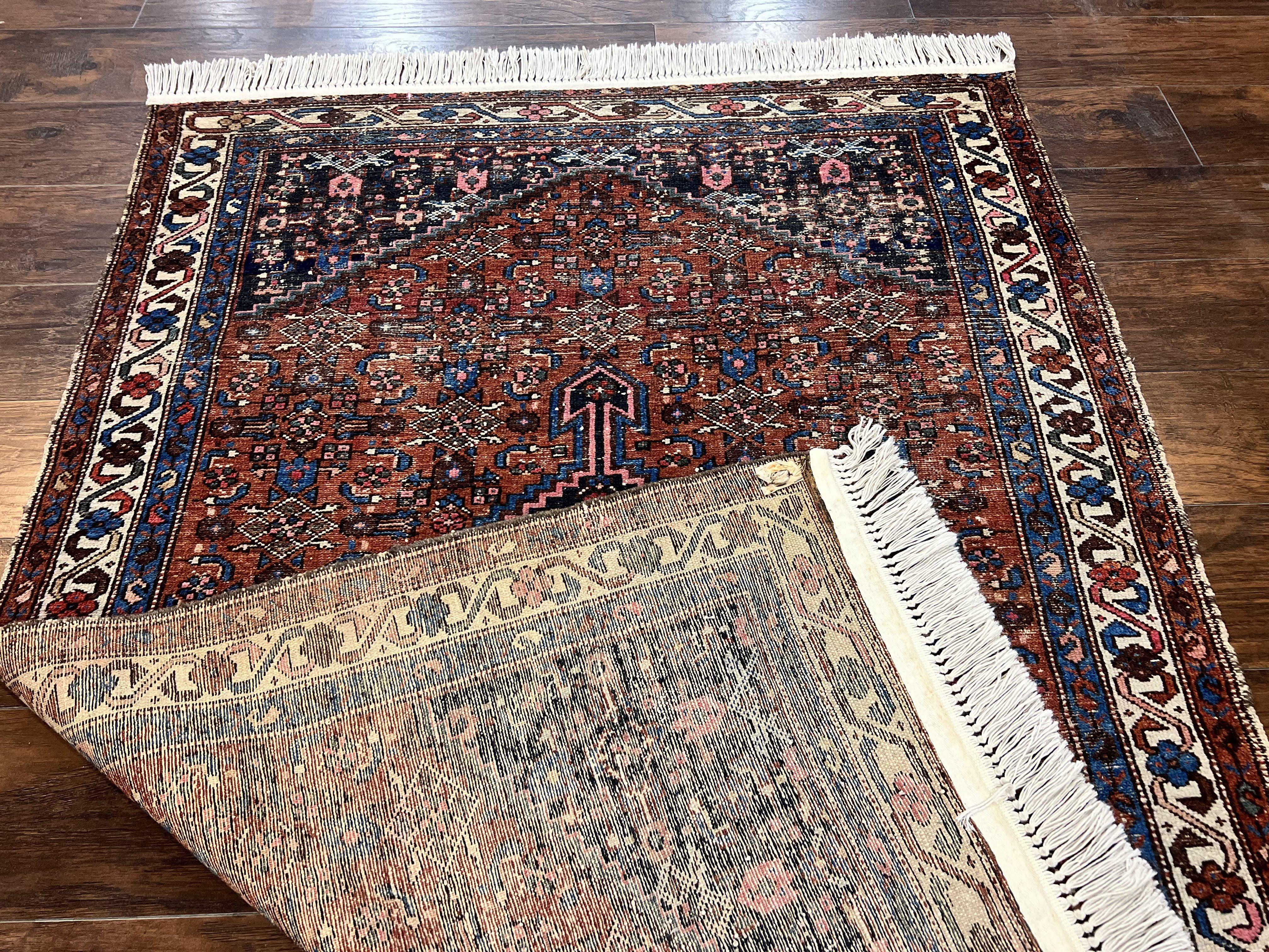 Red Persian Hamadan Rug 4x6, Wool Handmade Antique Carpet, Geometric Medallion Rug, Oriental Rug 4 x 6, Persian Tribal Rug, Hand Knotted Rug