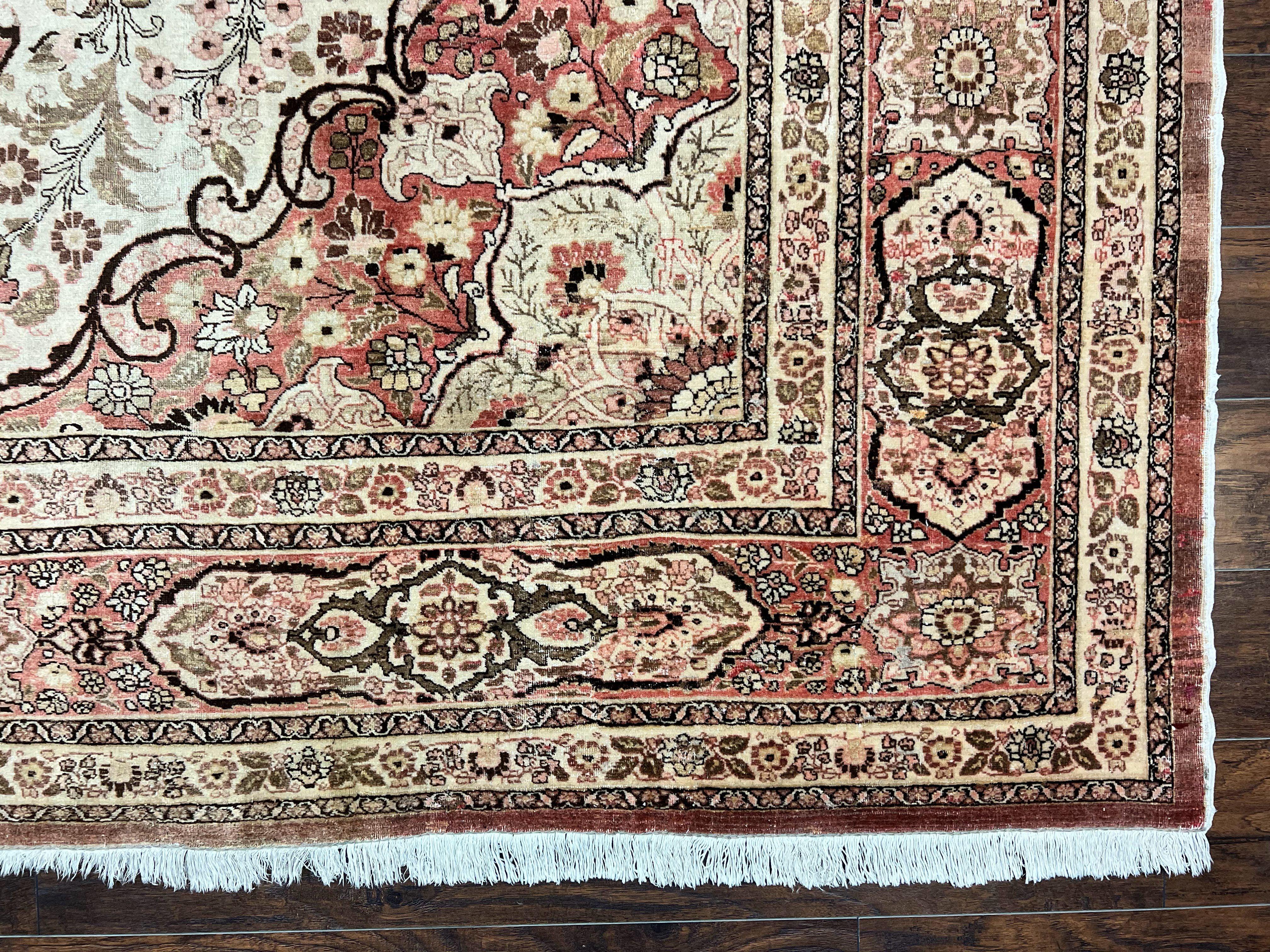 Antique Persian Tabriz Rug 10x12, Wool Hand Knotted Oriental Carpet, Beige Light Red, Floral Medallion
