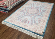 4x6 Silk Carpet, Light Blue & Beige Oriental Rug 4 x 6ft, Traditional Design Medallion All Over, Bamboo Silk, Super Fine, High Quality, Soft