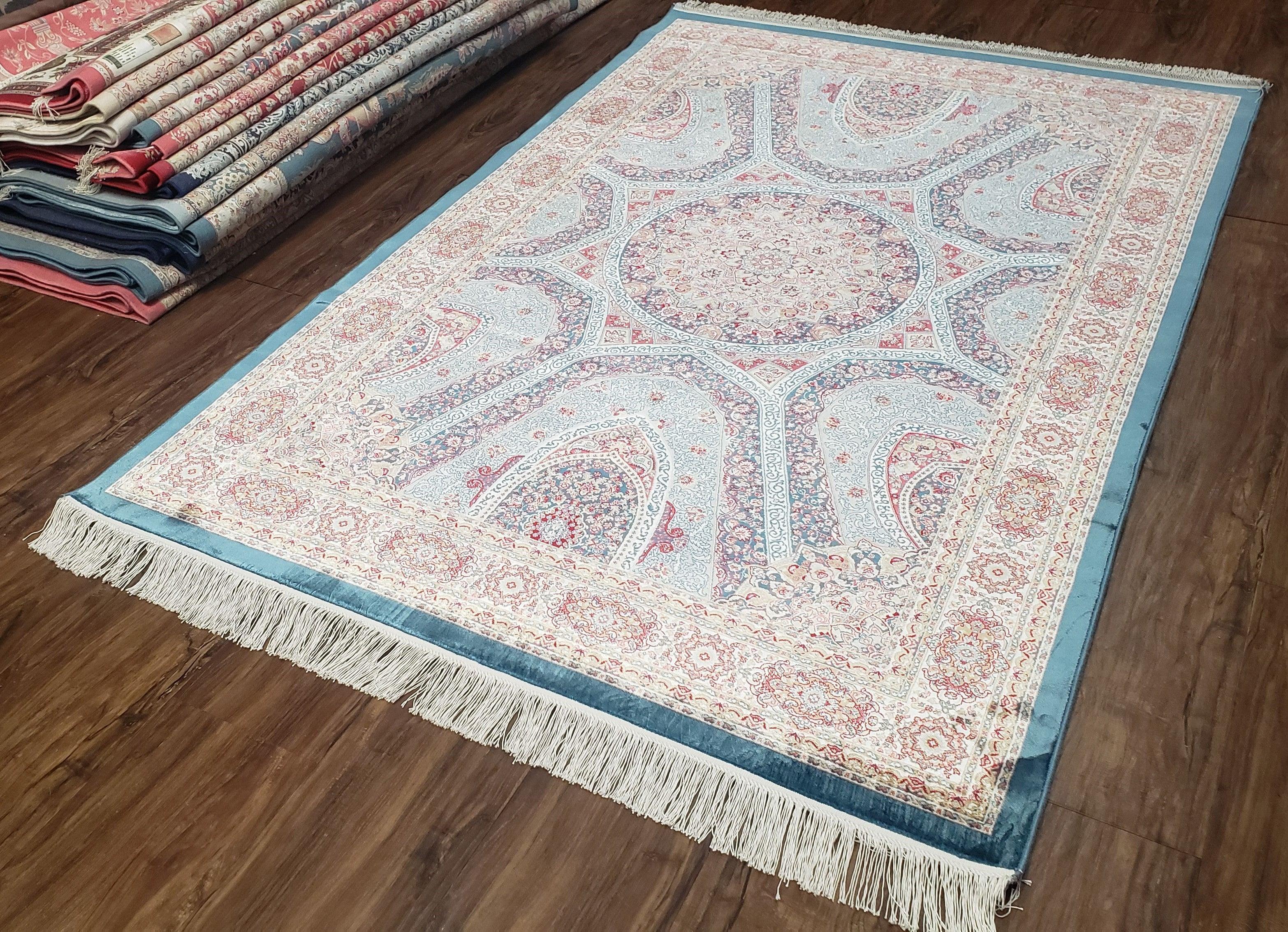 4x6 Silk Carpet, Light Blue & Beige Oriental Rug 4 x 6ft, Traditional Design Medallion All Over, Bamboo Silk, Super Fine, High Quality, Soft