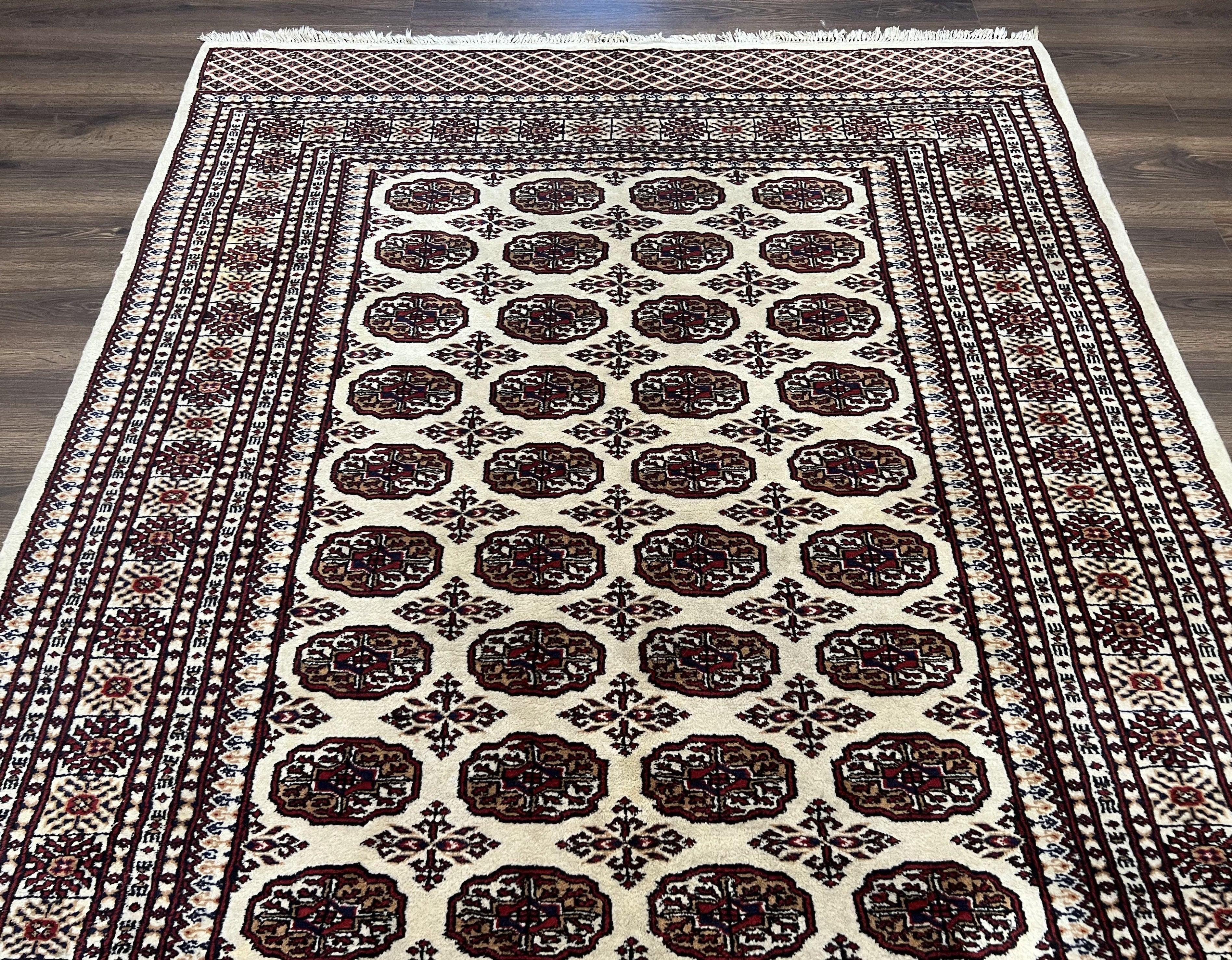 Pakistani Turkoman Rug 6x9, Cream and Red Hand Knotted Wool Oriental Carpet, Yamud Rug, Tribal Rug 6 x 9, Bohemian Area Rug, Bokhara Rug