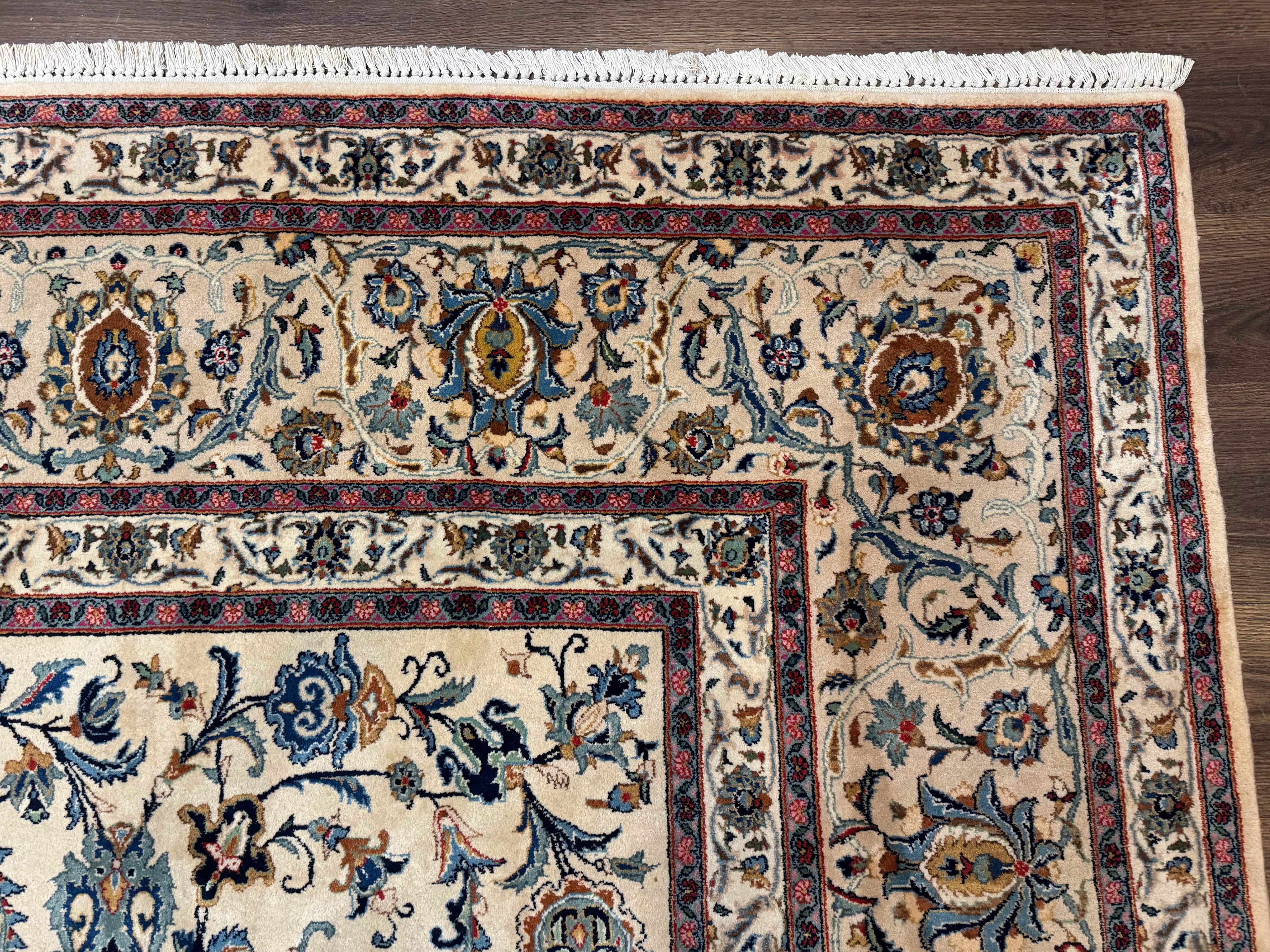 Persian Kashan Rug 10x14, Bone - Beige and Blue, Allover Pattern, Traditional Persian Carpet, Fine 260 KPSI