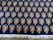 Persian Rug 9x12, Authentic Hand Knotted Carpet, Repeated Floral Motif Garden of Eden, Navy Blue Wool Rug 9 x 12, Semi Antique Kirman Rug