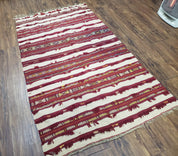 Antique Turkoman Yamud Rug 3x5 ft, 1920s Turkmen Sofreh Table Cover, Bohemian Rug, Tribal Collectible, Striped Rug, Handmade Ivory and Red