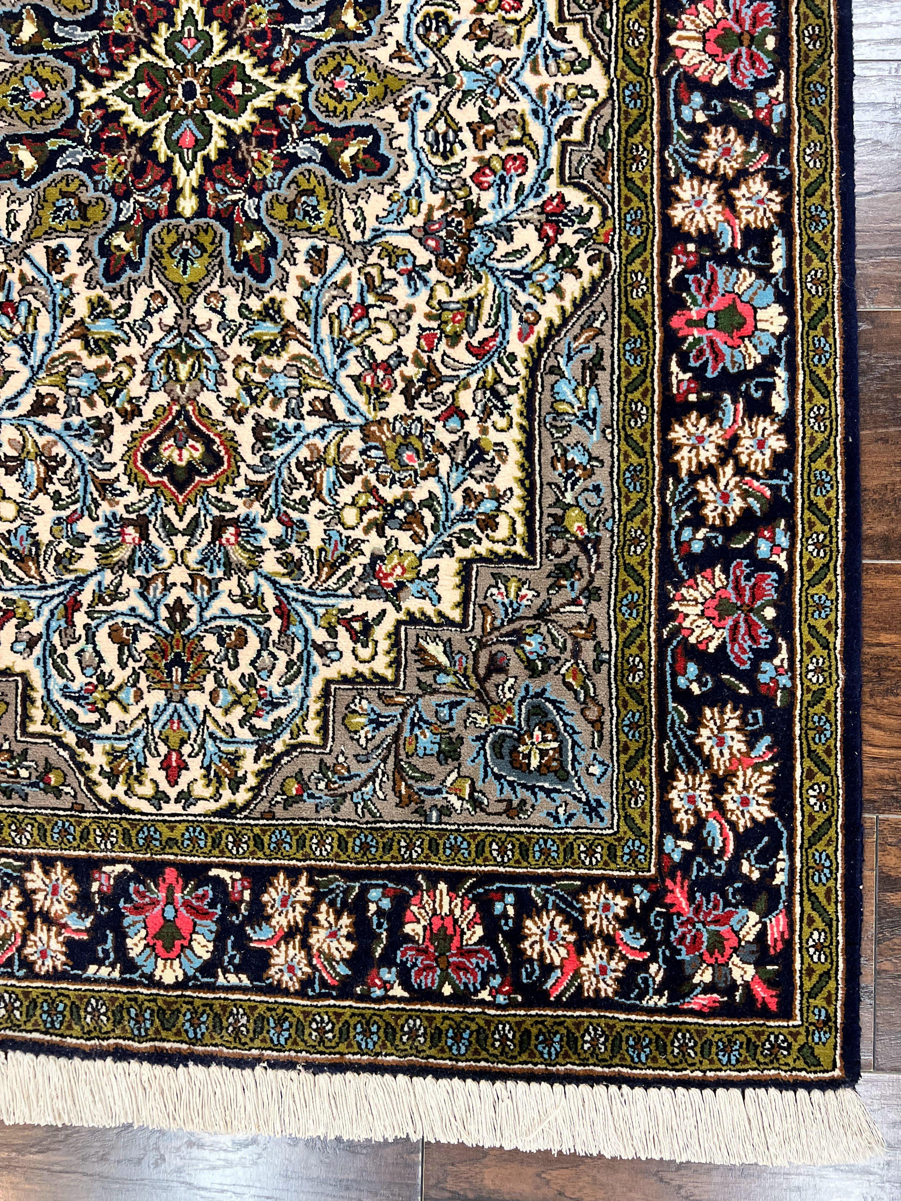 Persian Qum Rug 3x5, Wool with Silk Highlights, Handmade Semi Antique Carpet, Ivory & Navy Blue, Floral Medallion, Finely Hand Knotted