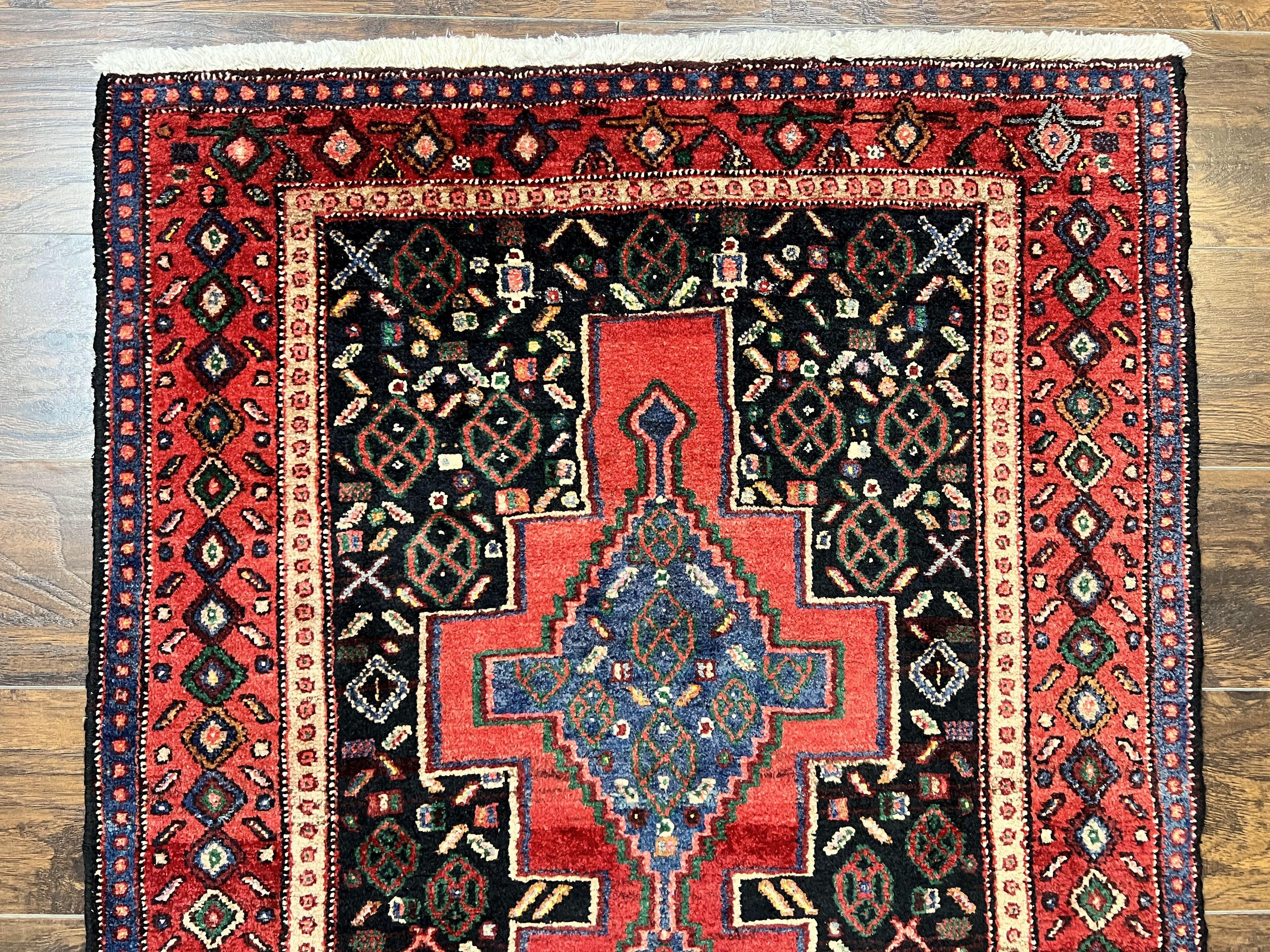 Persian Kurdish Senneh Runner Rug 3x9, Red Navy Blue, Medallions Wool Tribal Runner for Kitchen/Hallway 9ft Antique Handmade Oriental Runner
