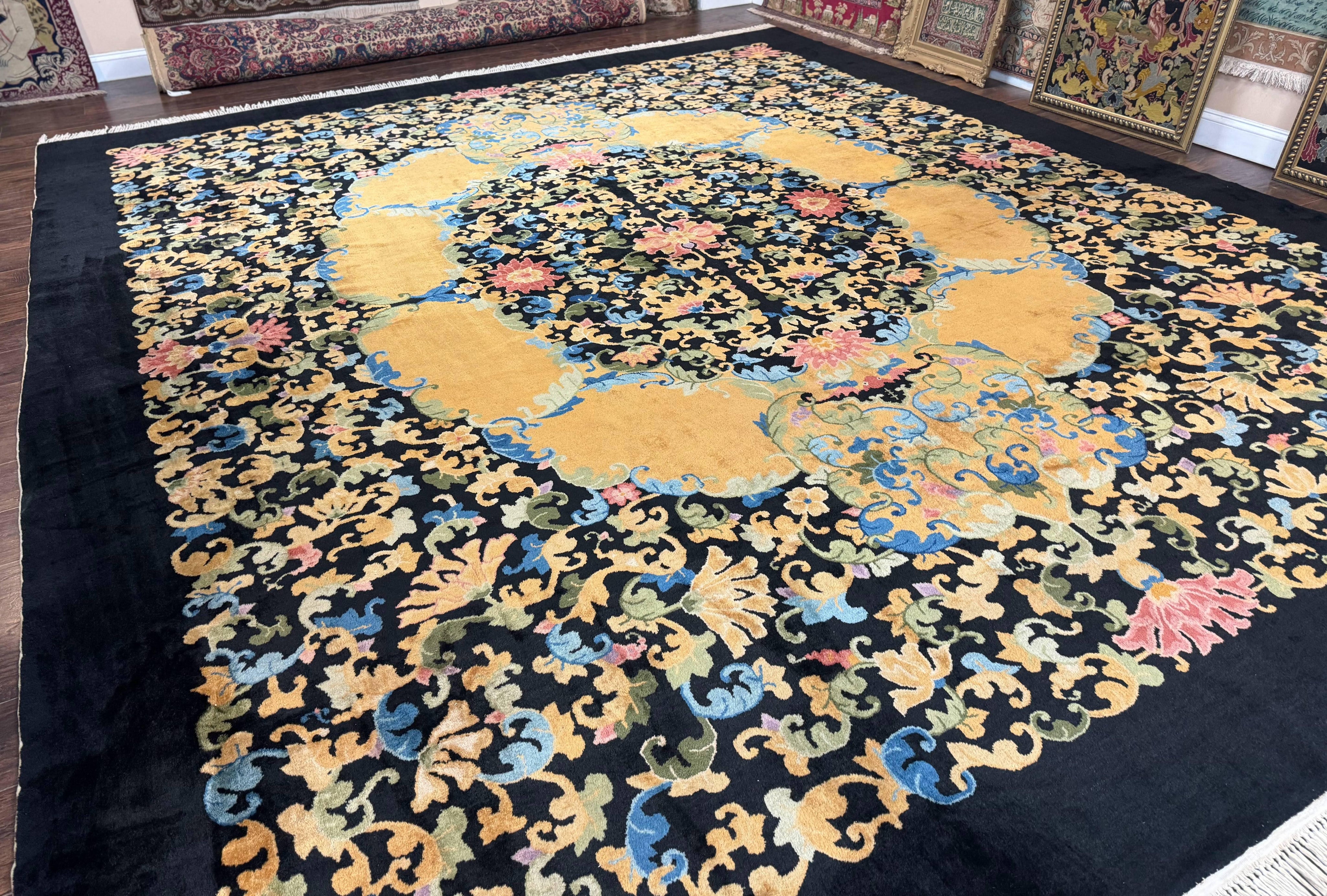 Antique Chinese Peking Rug 12.6 x 14.9, Palace Size Asian Oriental Carpet, Art Deco Rug, Rare