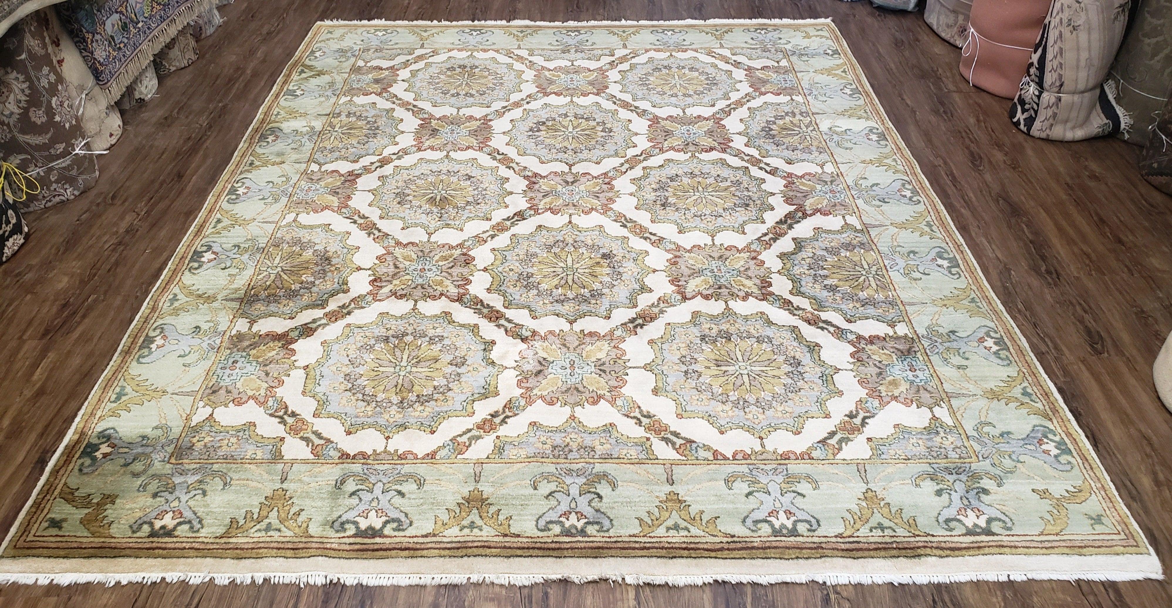 Indo Sultanabad Area Rug 8 x 9.5, Wool Hand-Knotted Ivory Green Teal Decorative Rug, Floral Panel Carpet, Indian Rug, 8 x 10 Bedroom Rug