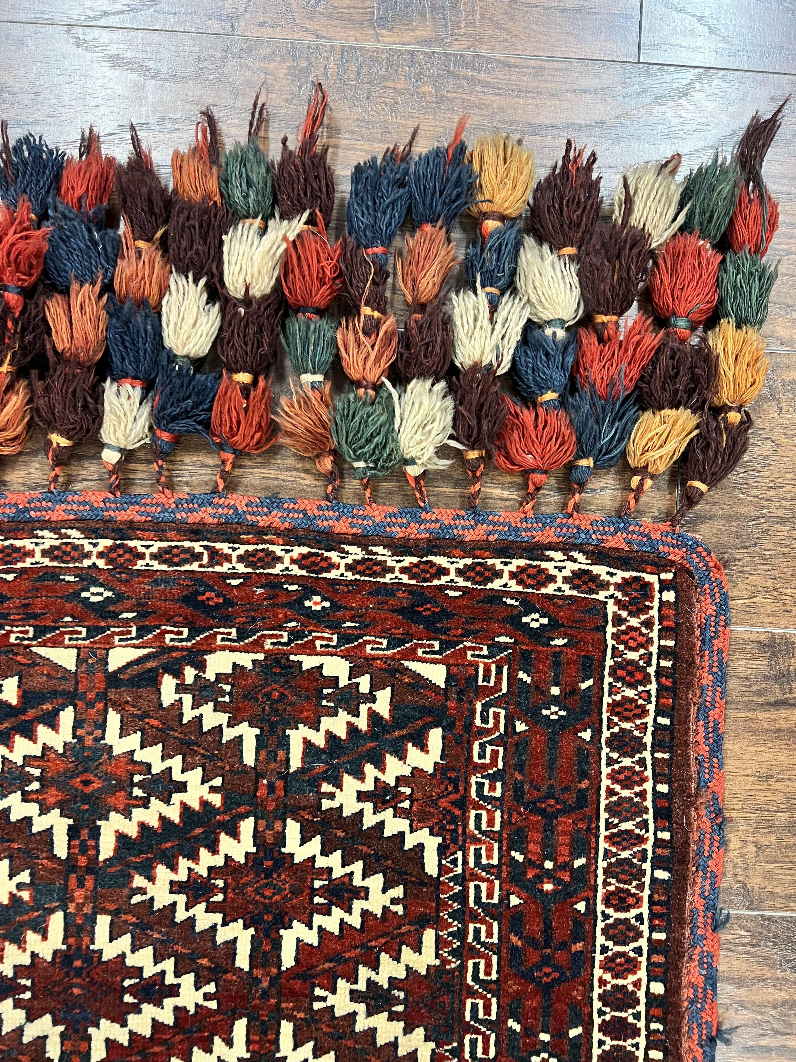 Antique Turkoman Camel Trapping, Turkoman Asmalyk, Red Black Ivory, Handmade, Hand Knotted Tribal Collectible Rug, Rare