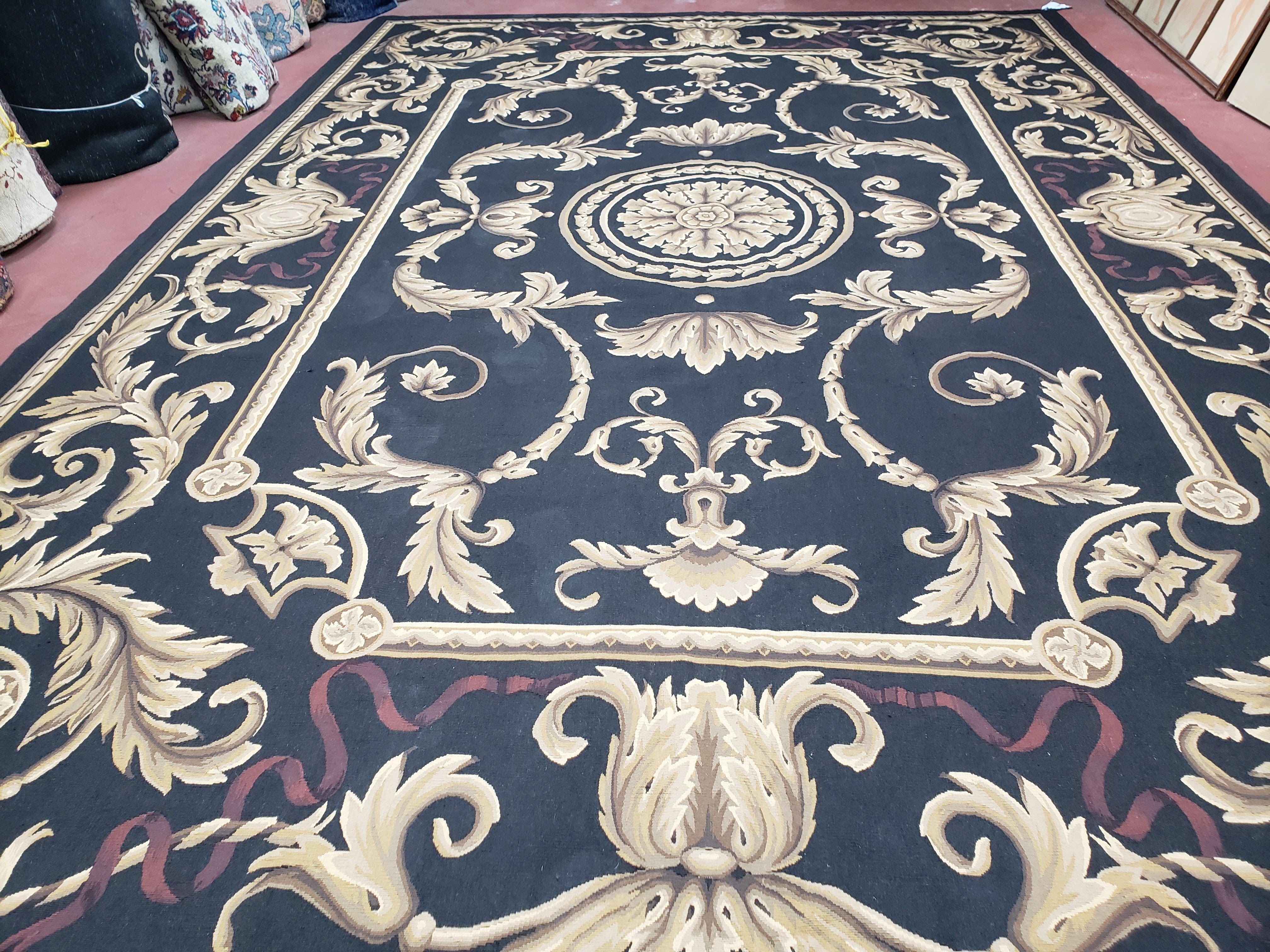 Black and Tan Aubusson Rug, 10 x 14 Aubusson Carpet, New Aubusson Rug, Elegant, Wool, Handmade Area Rug, Flatweave Rug, Large Aubusson Rug