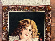 Small Persian Tabriz Pictorial Rug of Young Girl, Very Fine 380 KPSI, Portrait of Young Lady with Roses, Handmade, Persian Rug for Wall Hanging