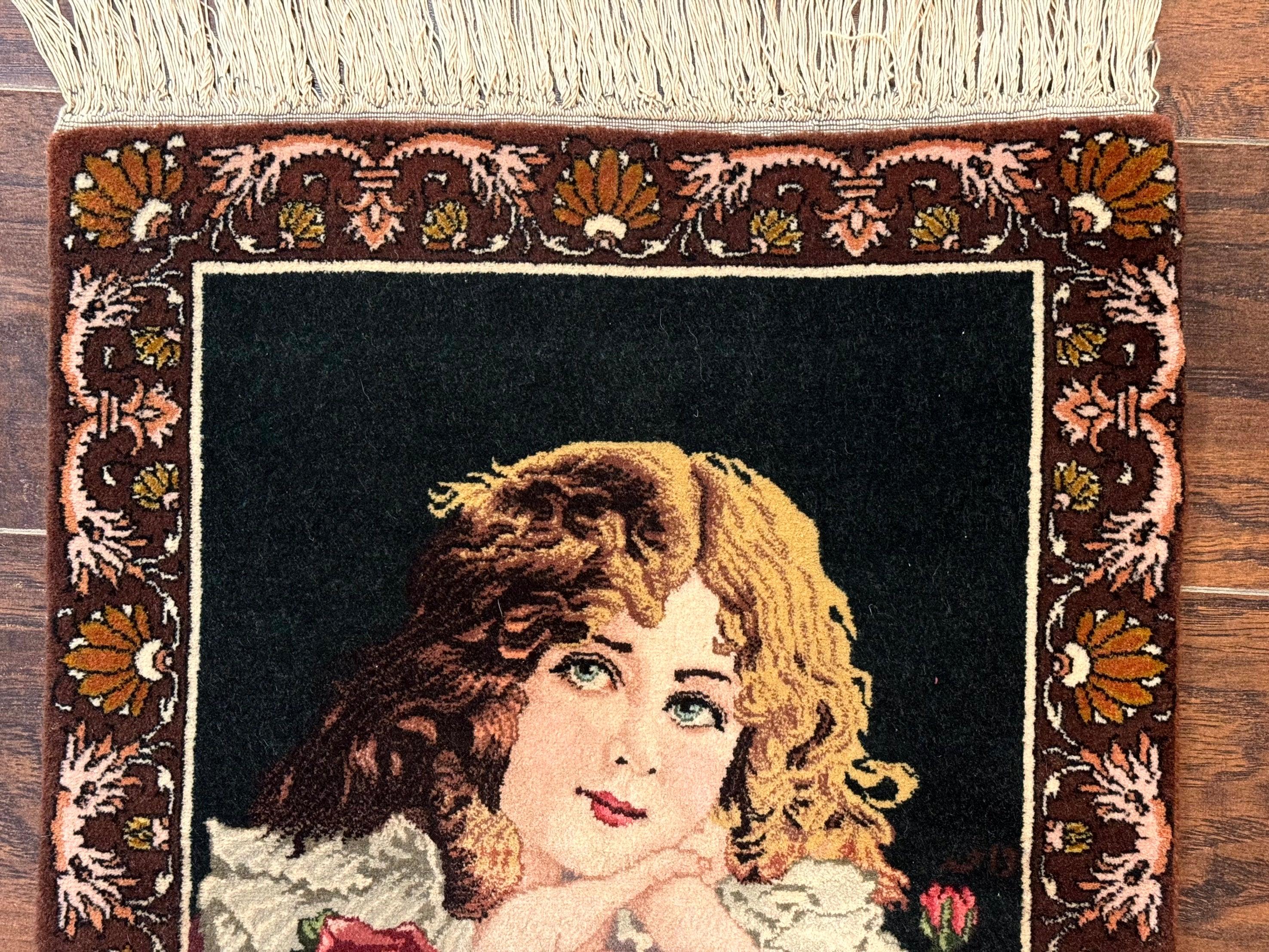 Small Persian Tabriz Pictorial Rug of Young Girl, Very Fine 380 KPSI, Portrait of Young Lady with Roses, Handmade, Persian Rug for Wall Hanging