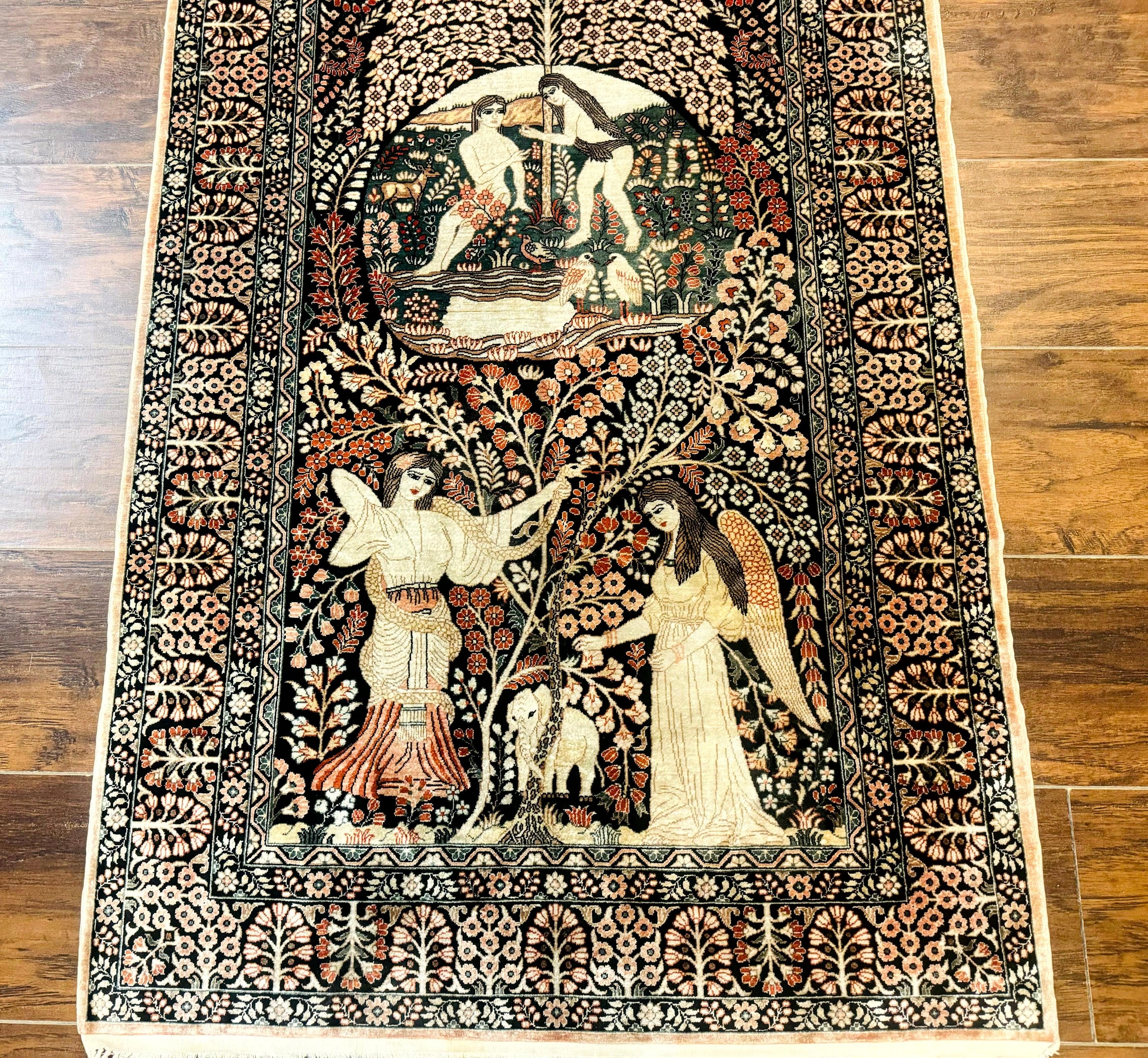 Stunning Sino Persian Pictorial Rug 2.7 x 4, Garden of Eden Adam & Eve Tree of Life Design, Extremely Fine 580 KPSI, Masterpiece