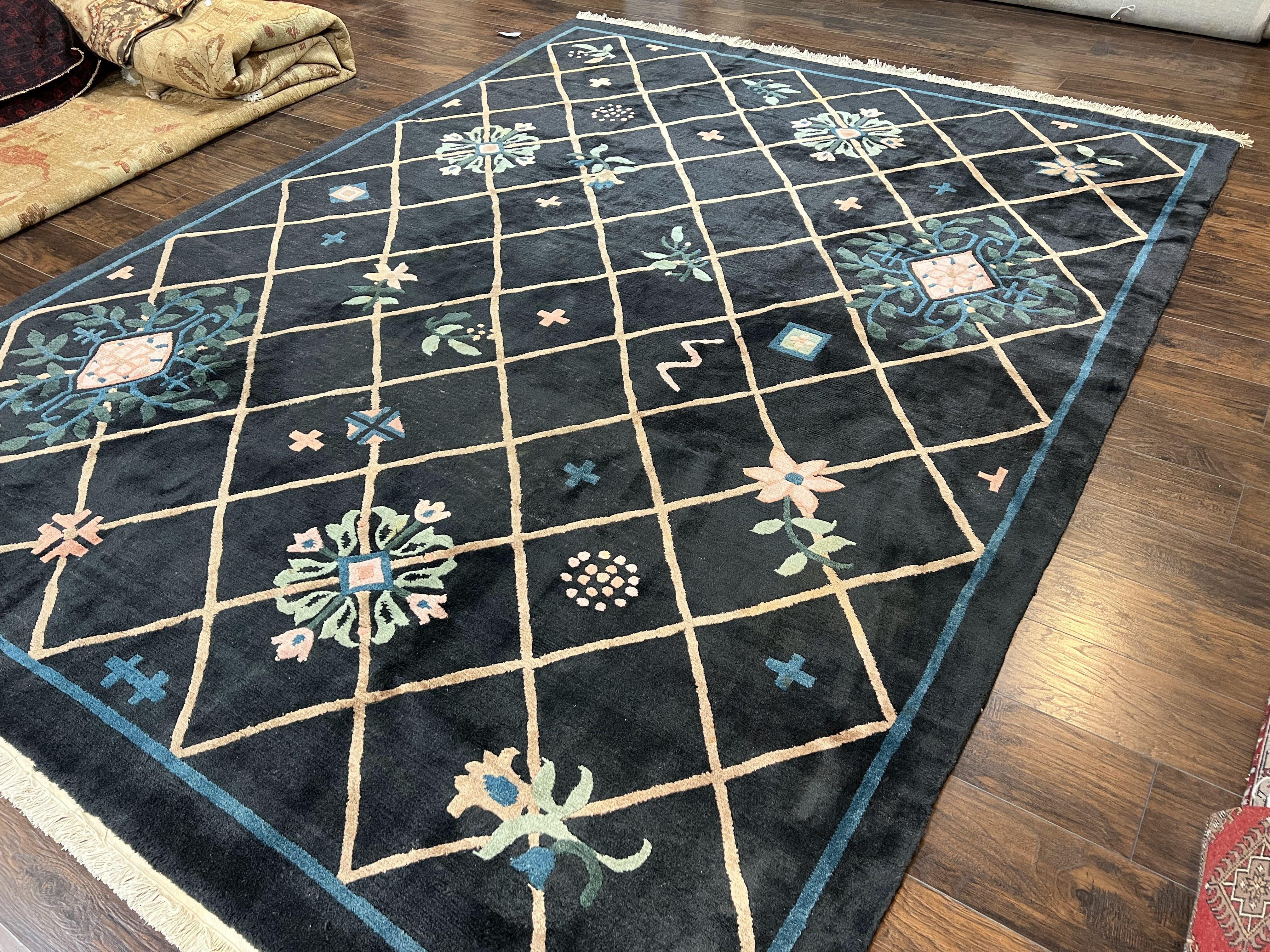 Tibetan Rug 9x12, Hand Knotted Tibet Nepali Contemporary Carpet 9 x 12 ft, Black and Tan, Handmade Area Rug Room Sized, Nepalese Rug