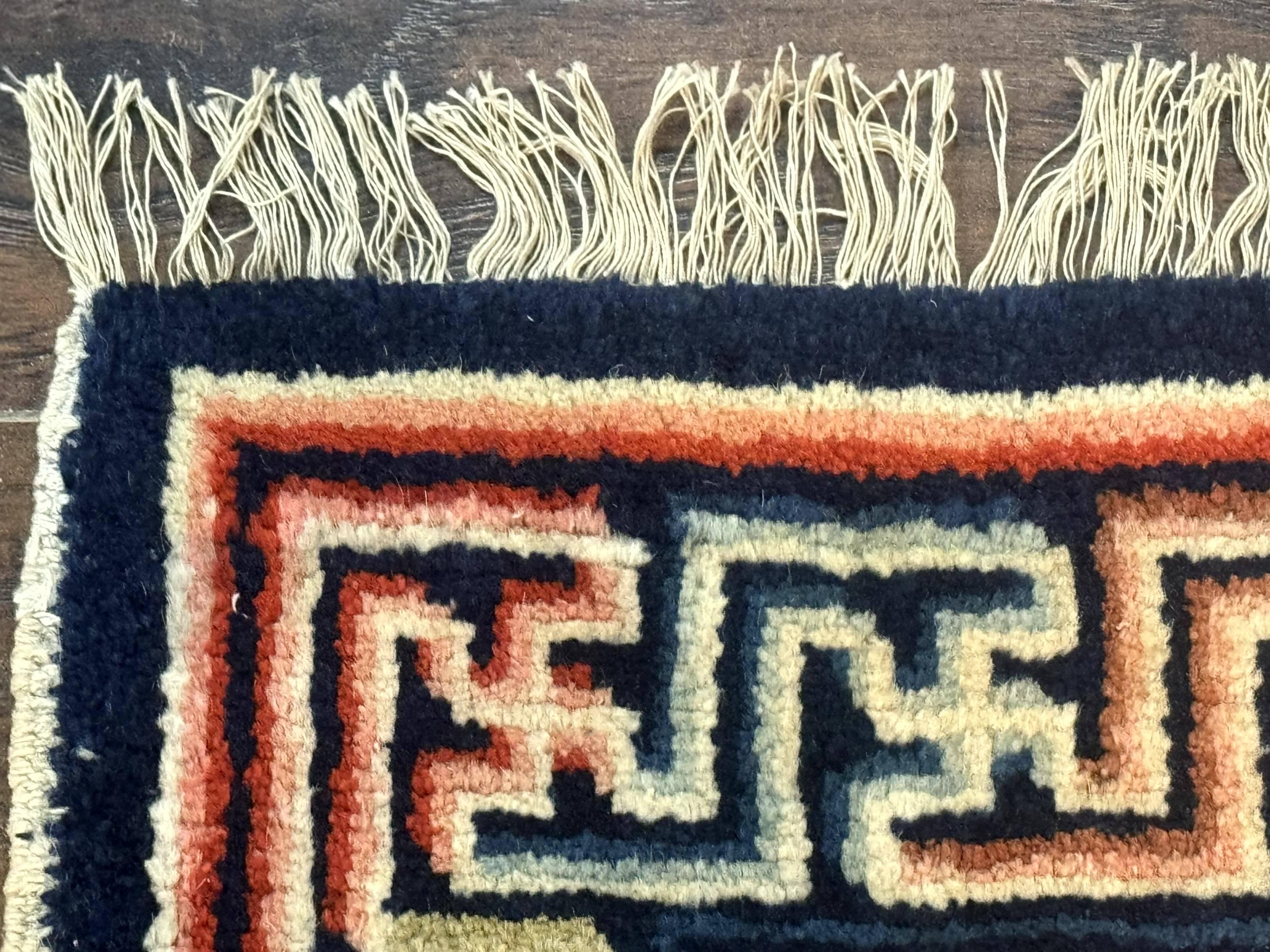 Small Antique Chinese Rug 2x2, Red Blue Square Rug Mat, Handmade, Tibetan Rug