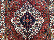 Semi Antique Persian Bakhtiari Rug, Hand-Knotted, Wool, Red, Midnight Blue, Ivory, Floral Medallion, 5'1" x 8' 6"
