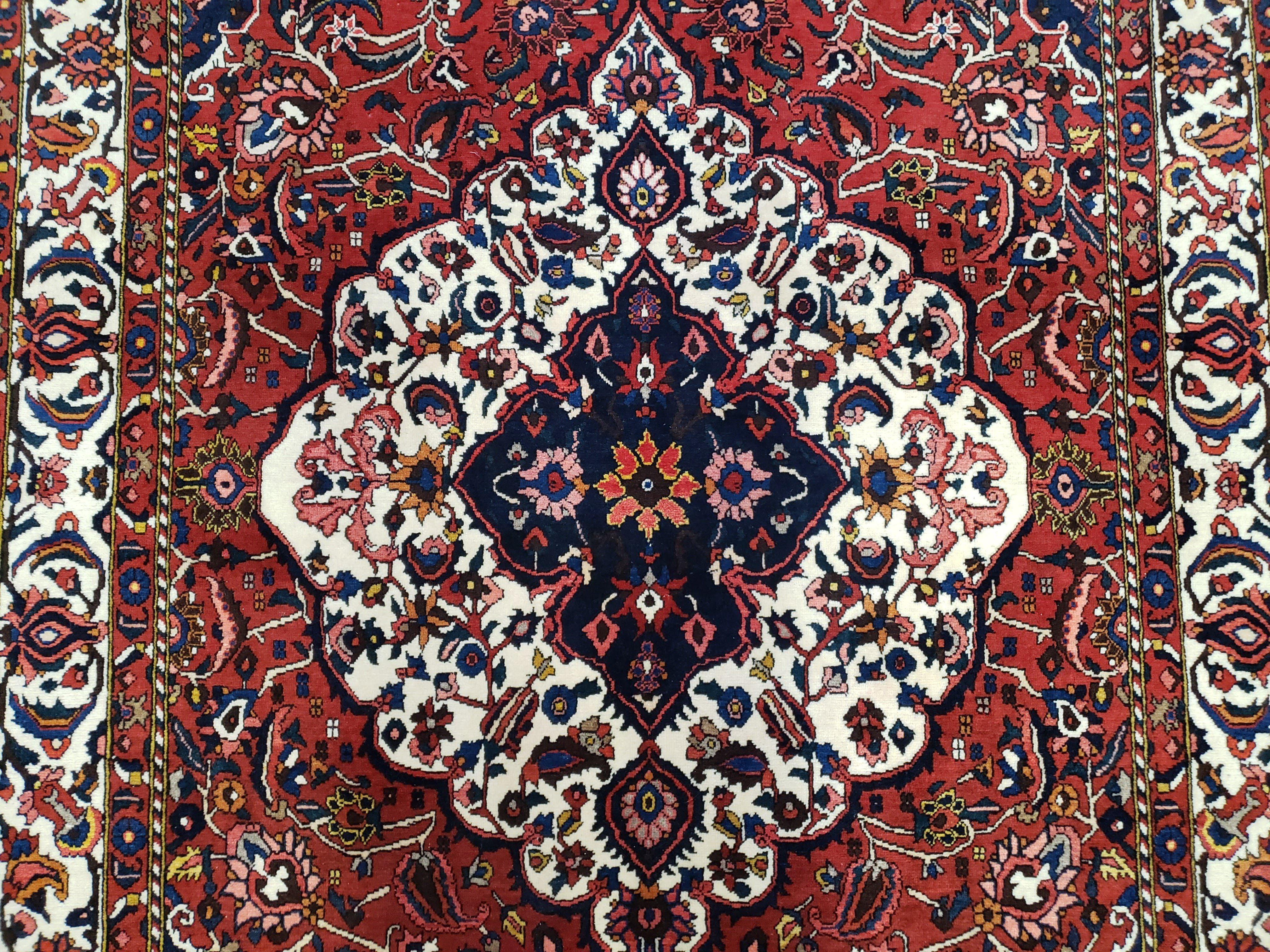 Semi Antique Persian Bakhtiari Rug, Hand-Knotted, Wool, Red, Midnight Blue, Ivory, Floral Medallion, 5'1" x 8' 6"