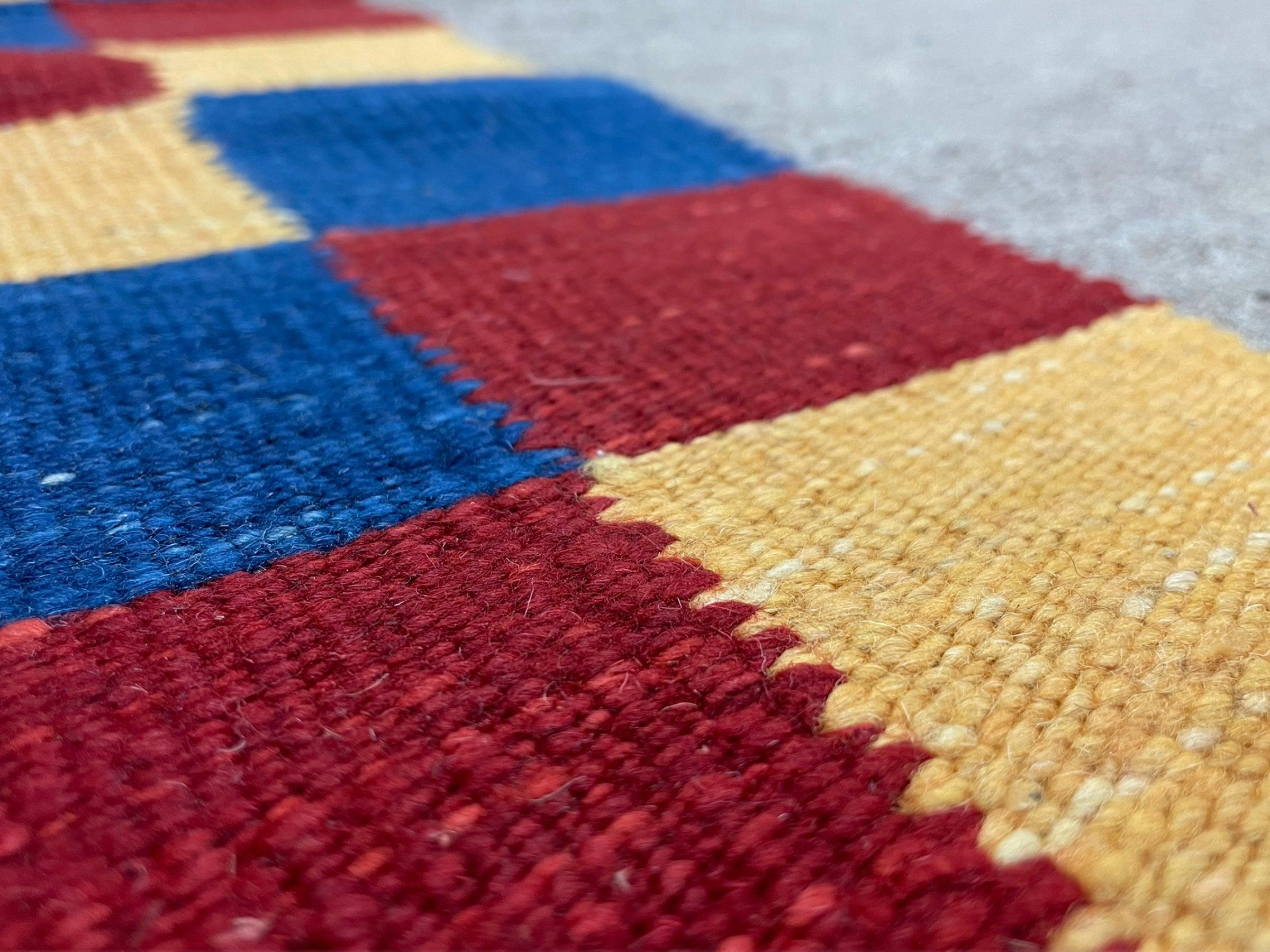 Gray Kilim Carpet, Yellow, Red, Blue Checkerboard Pattern, Flatweave, New, Geometric, Hand-Knotted, Wool, Turkish Area Rug, 5' 9" x 7' 9"