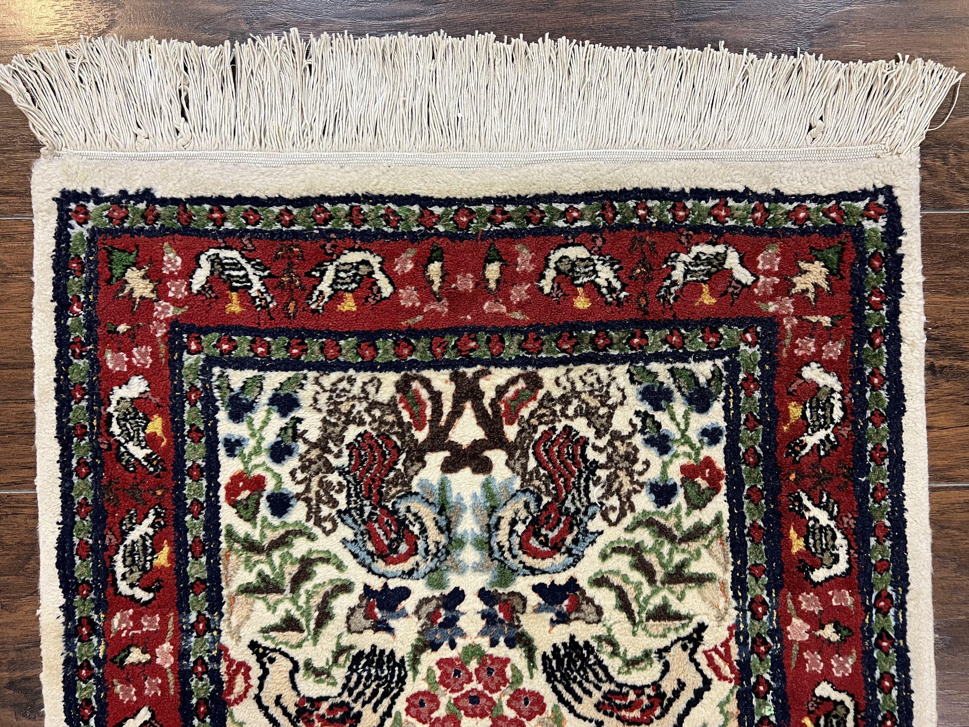 Small Indo Persian Rug 2x3 ft, Wool with Silk Highlights, Animal Pictorial Motifs Birds Vase Flowers, Cream and Maroon, Hand Knotted Fine