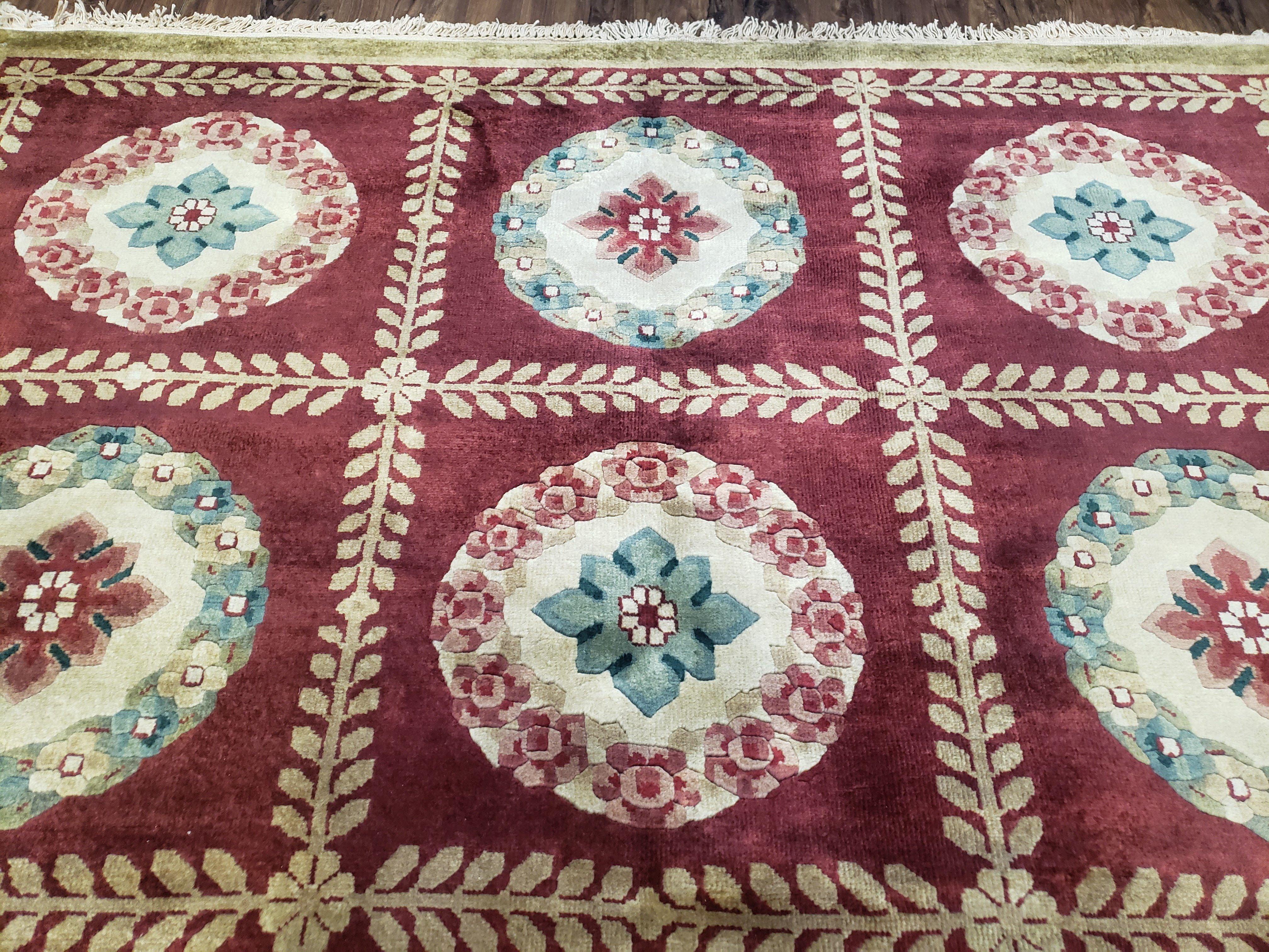 Nepalese Aubusson Panel Rug 6x9, Red & Ivory Soft Plush Tibetan Pile Rug, Wool Hand-Knotted Carpet, 6 x 9 Elegant Area Rug, Office Room Rug