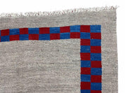 Gray Turkish Kilim Carpet 5' 7" x 7' 7", Medium Kilim Rug, Hand-Knotted, Blue & Red Border, Minimalistic Design, Geometric, Wool, New
