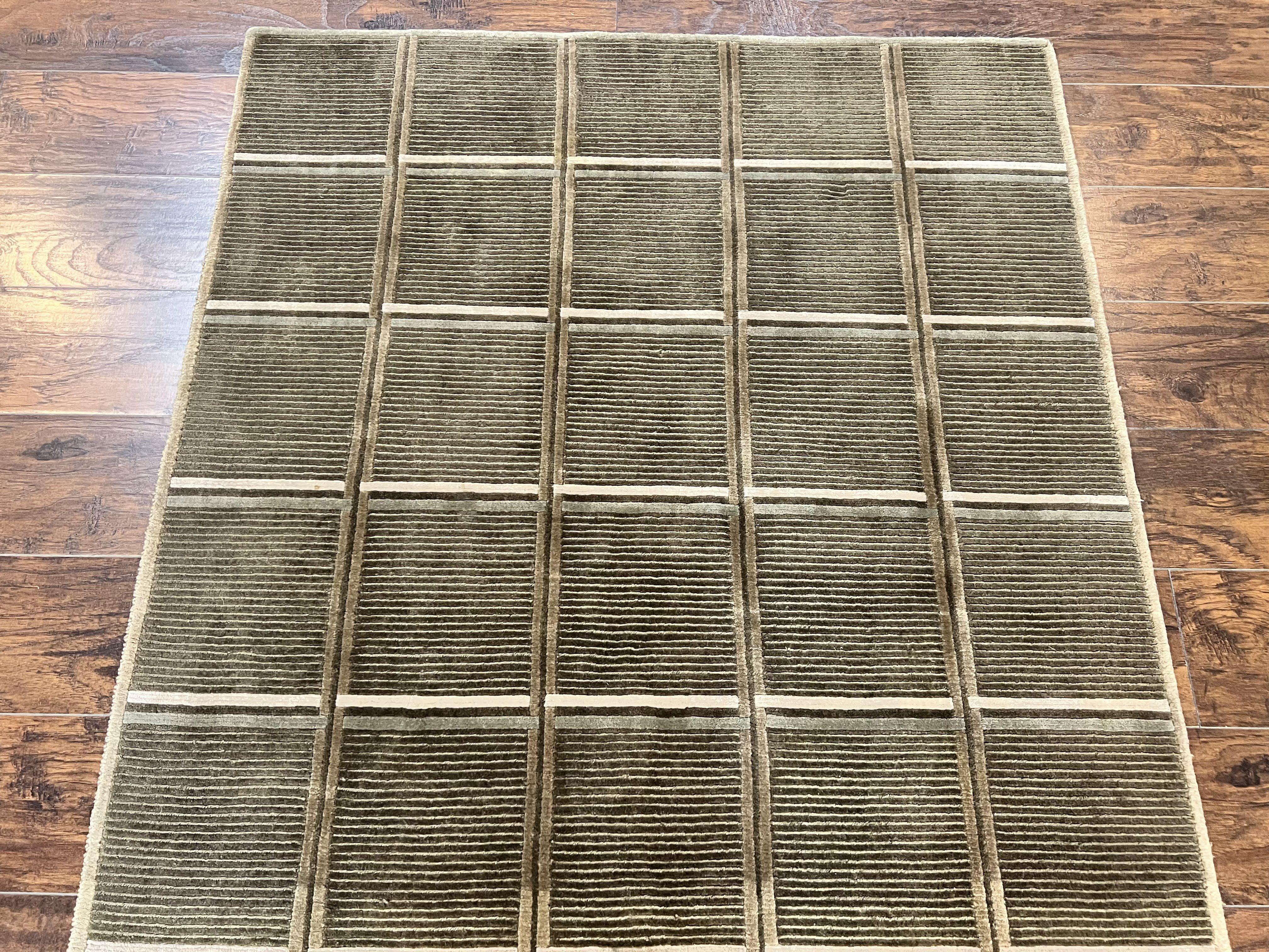 Tibetan Rug 4x6, Green Wool Handmade Area Rug 4 x 6, Panel Design, Modern Contemporary