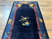 Antique Chinese Peking Rug 3x6, Dark Blue, Bird Motif, Handmade Wool Art Deco Asian Oriental Carpet, Pair A