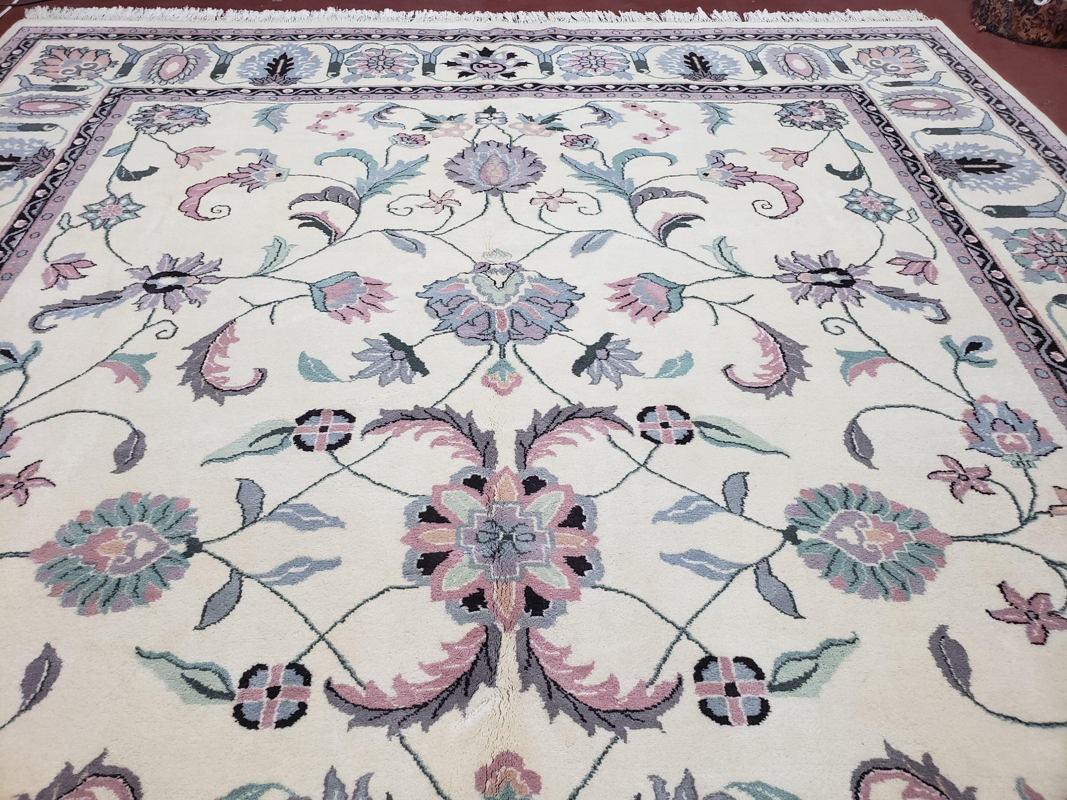 Ivory & Teal Indo Persian Area Rug 9x12, Wool Hand-Knotted Oriental Carpet, 9 x 12 Soft Traditional Living Room Rug, Dining Room Rug