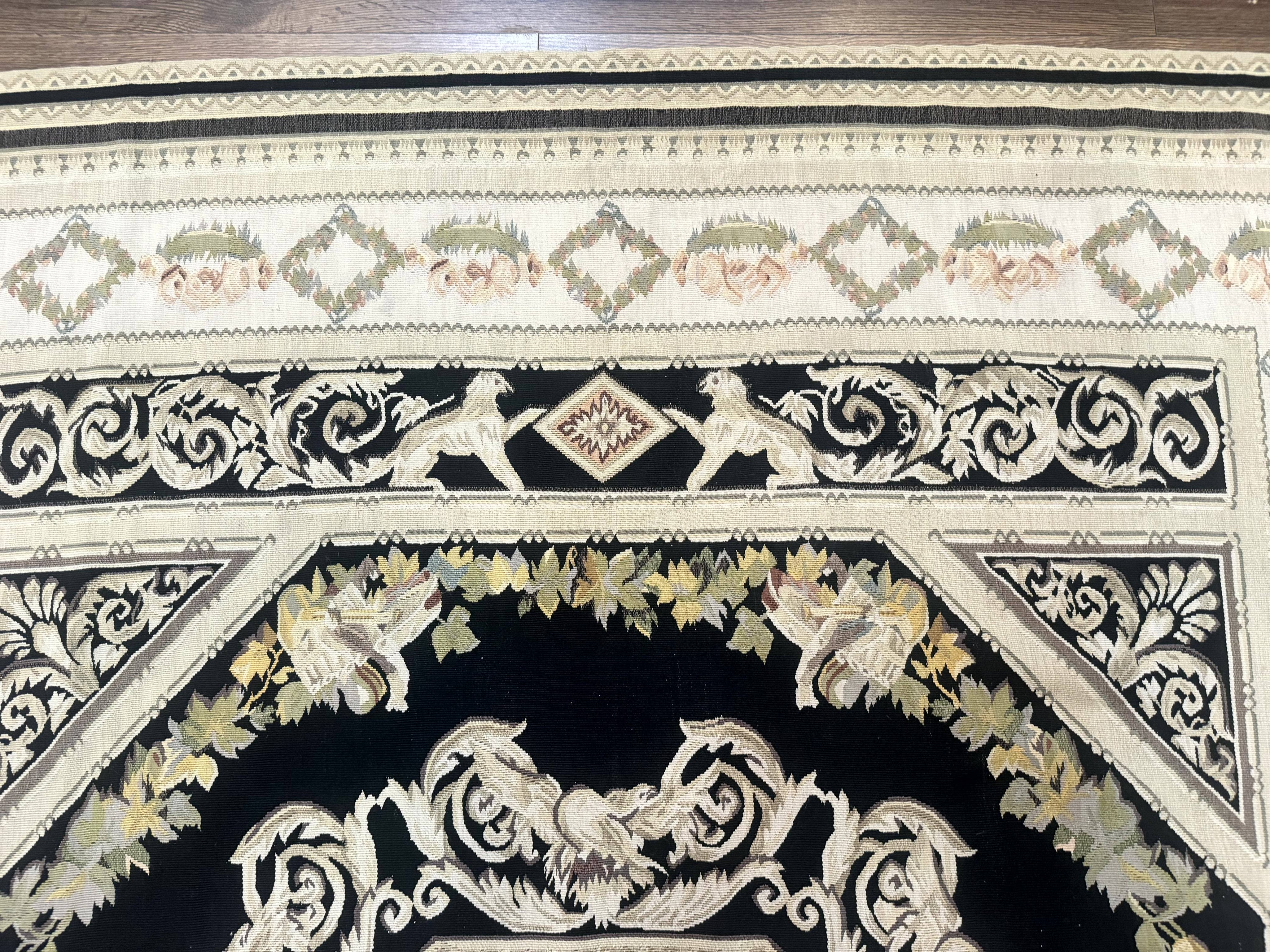 Aubusson Rug 6x8, European Design, Lion Pictorials, Black