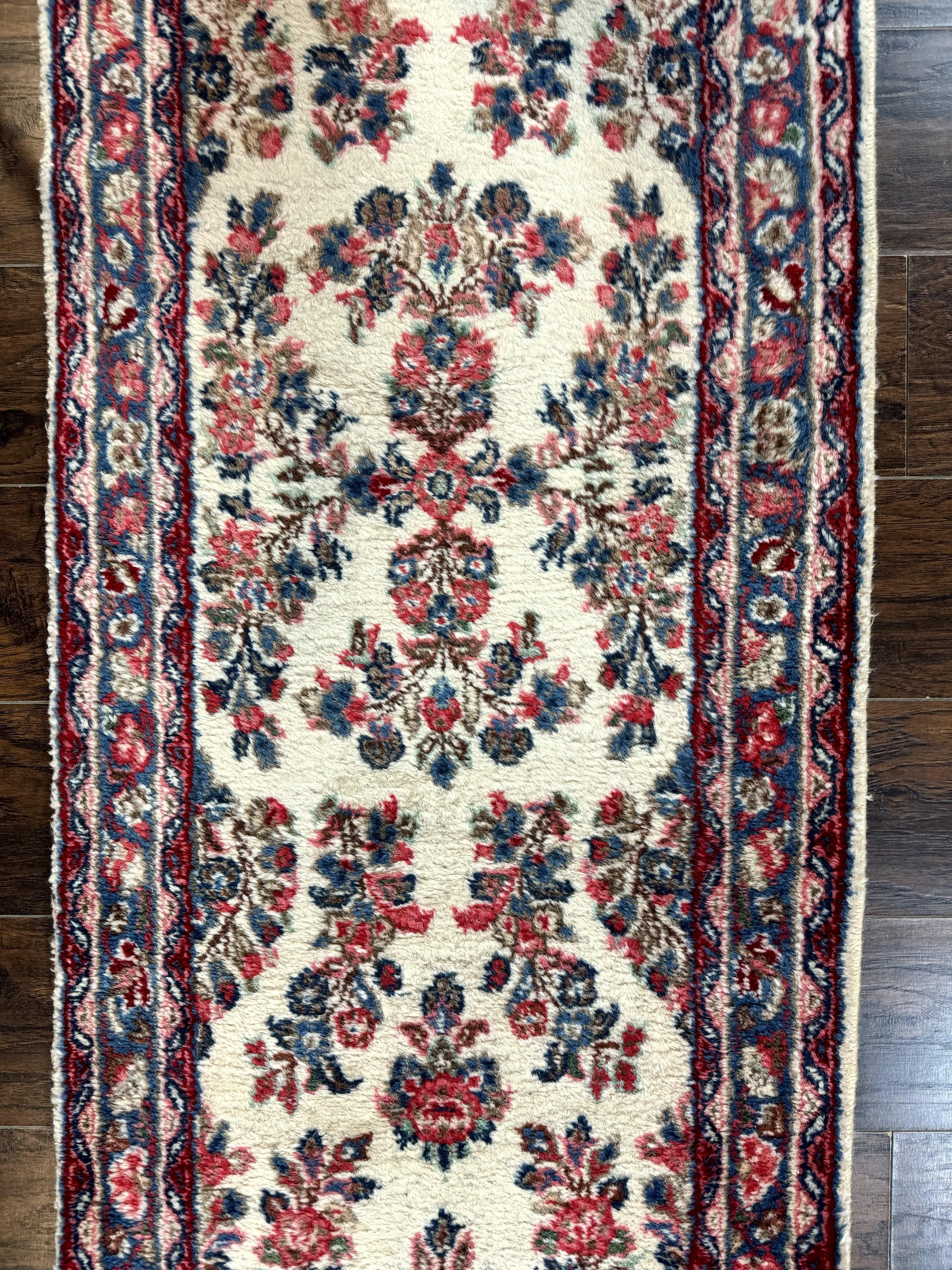 Persian Sarouk Runner Rug 2.4 x 21, Handmade Wool Floral Runner Rug for Hallway, 21ft Runner, Ivory
