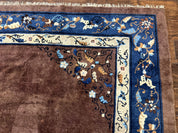 Antique Chinese Wool Rug 9x11, Large Chinese Art Deco Rug, Peking Rug, Brown and Blue, Open Field, Fete Rug