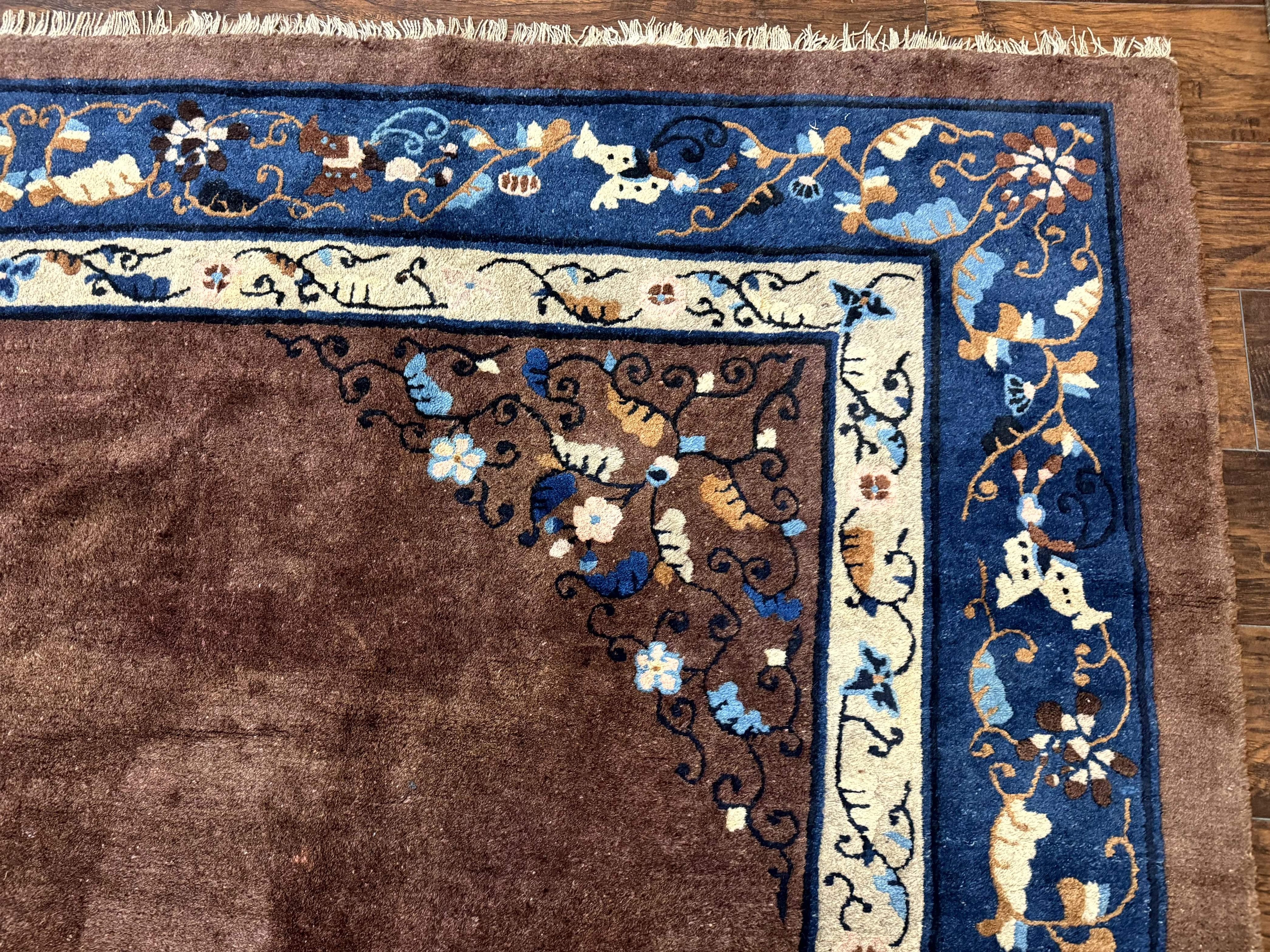 Antique Chinese Wool Rug 9x11, Large Chinese Art Deco Rug, Peking Rug, Brown and Blue, Open Field, Fete Rug