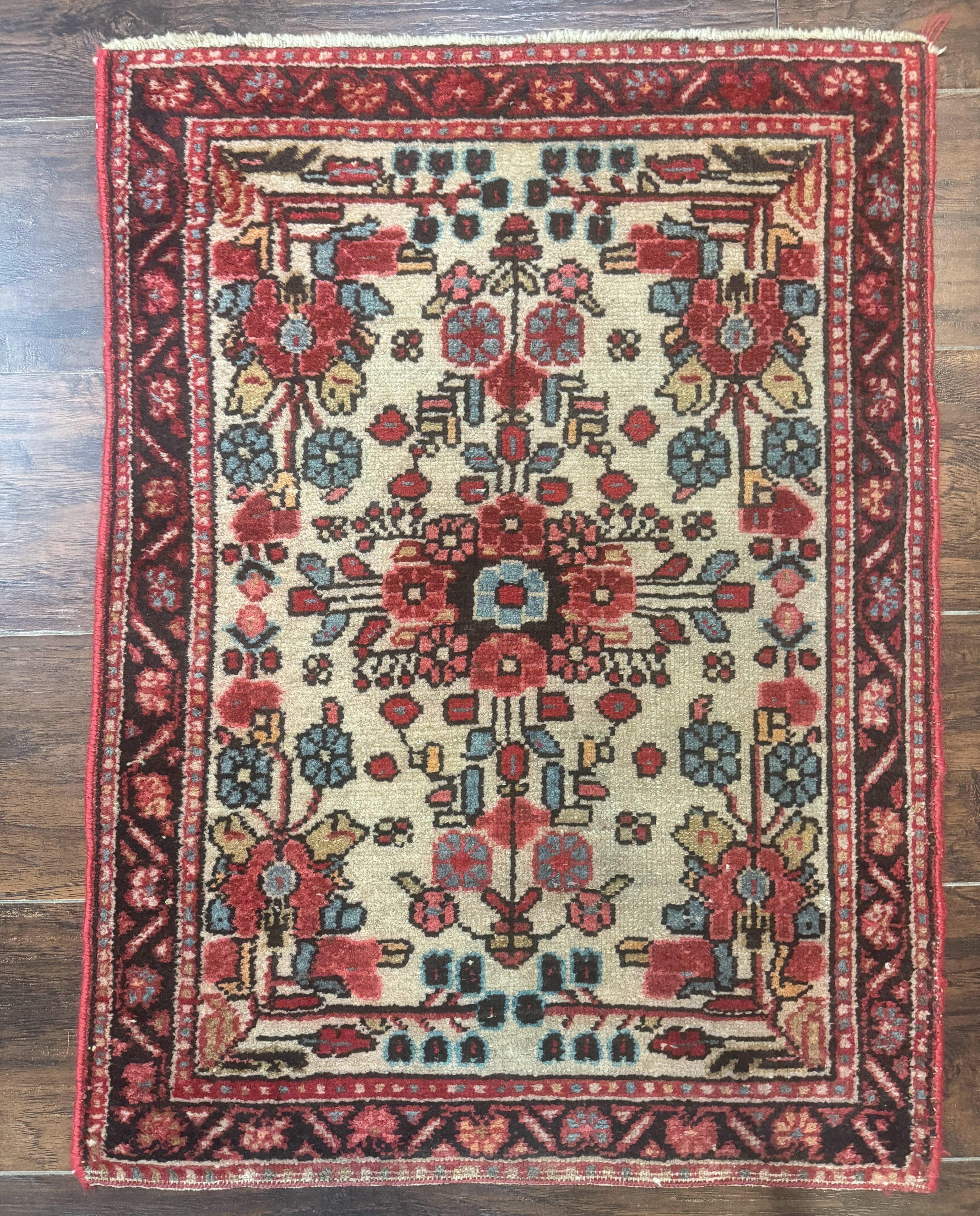 Small Antique Persian Rug 2x3, Beige and Red, Floral, Wool, Hamadan Rug