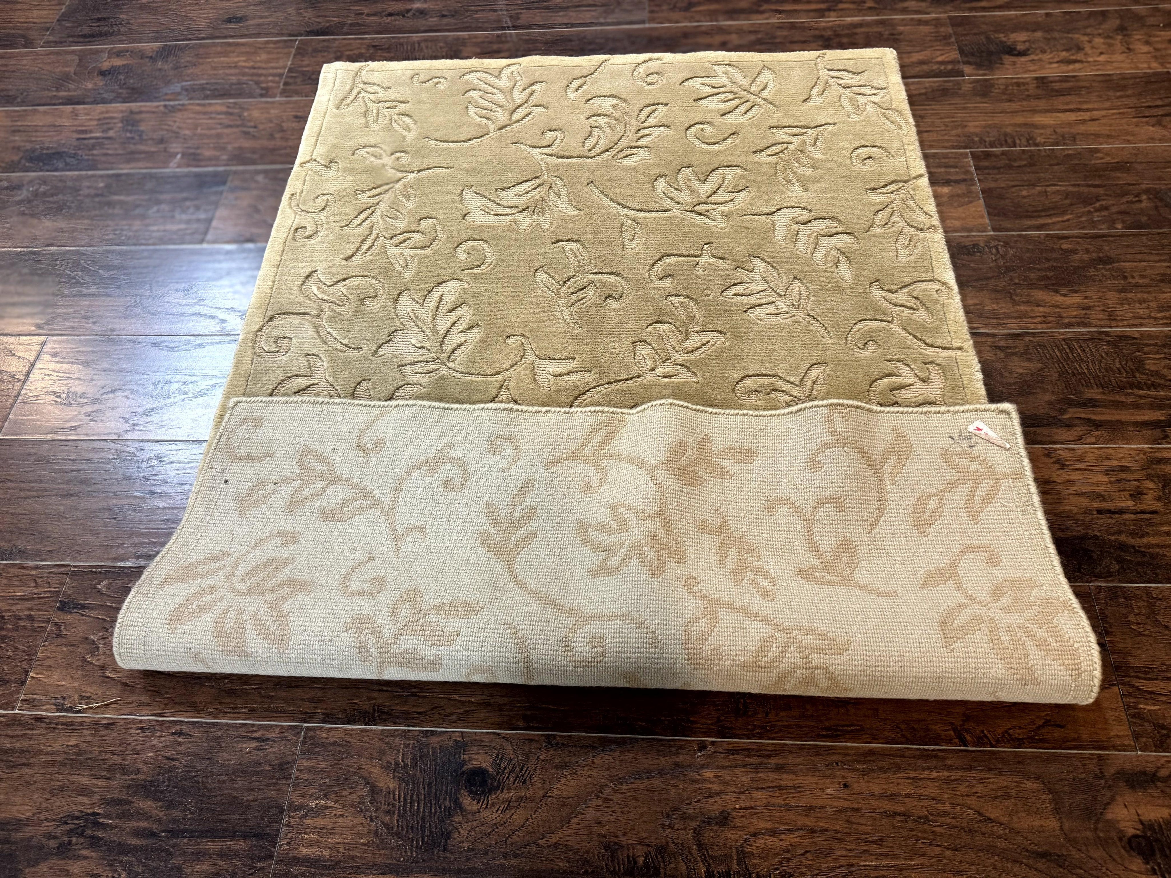 Modern Tibetan Rug 3.7 x 5.5, Carved Floral Design, Wool and Silk Highlights