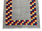 Gray Kilim Carpet, Yellow, Red, Blue Checkerboard Pattern, Flatweave, New, Geometric, Hand-Knotted, Wool, Turkish Area Rug, 5' 9" x 7' 9"