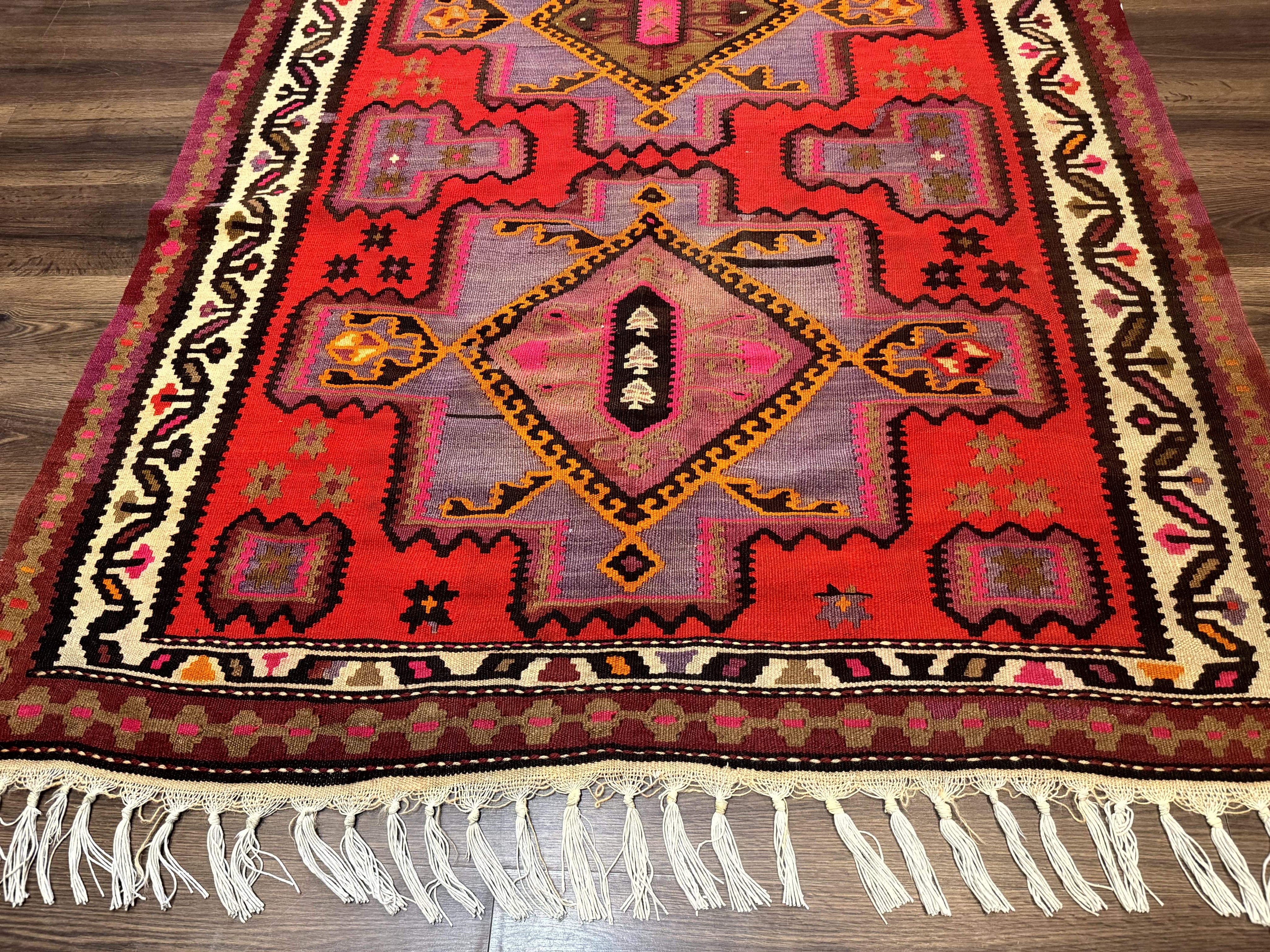 Persian Kurdish Zarand Kilim Rug 5x9, Red, Geometric Medallions, Wide Runner